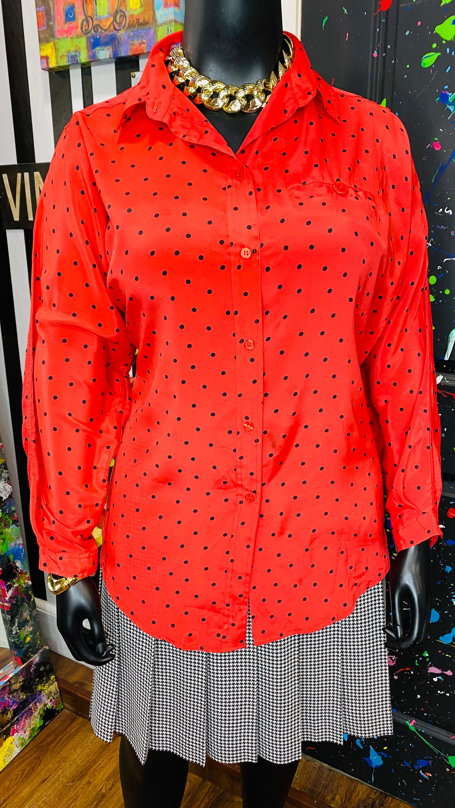 Vintage Red & Black Polka Dot Blouse (20)
