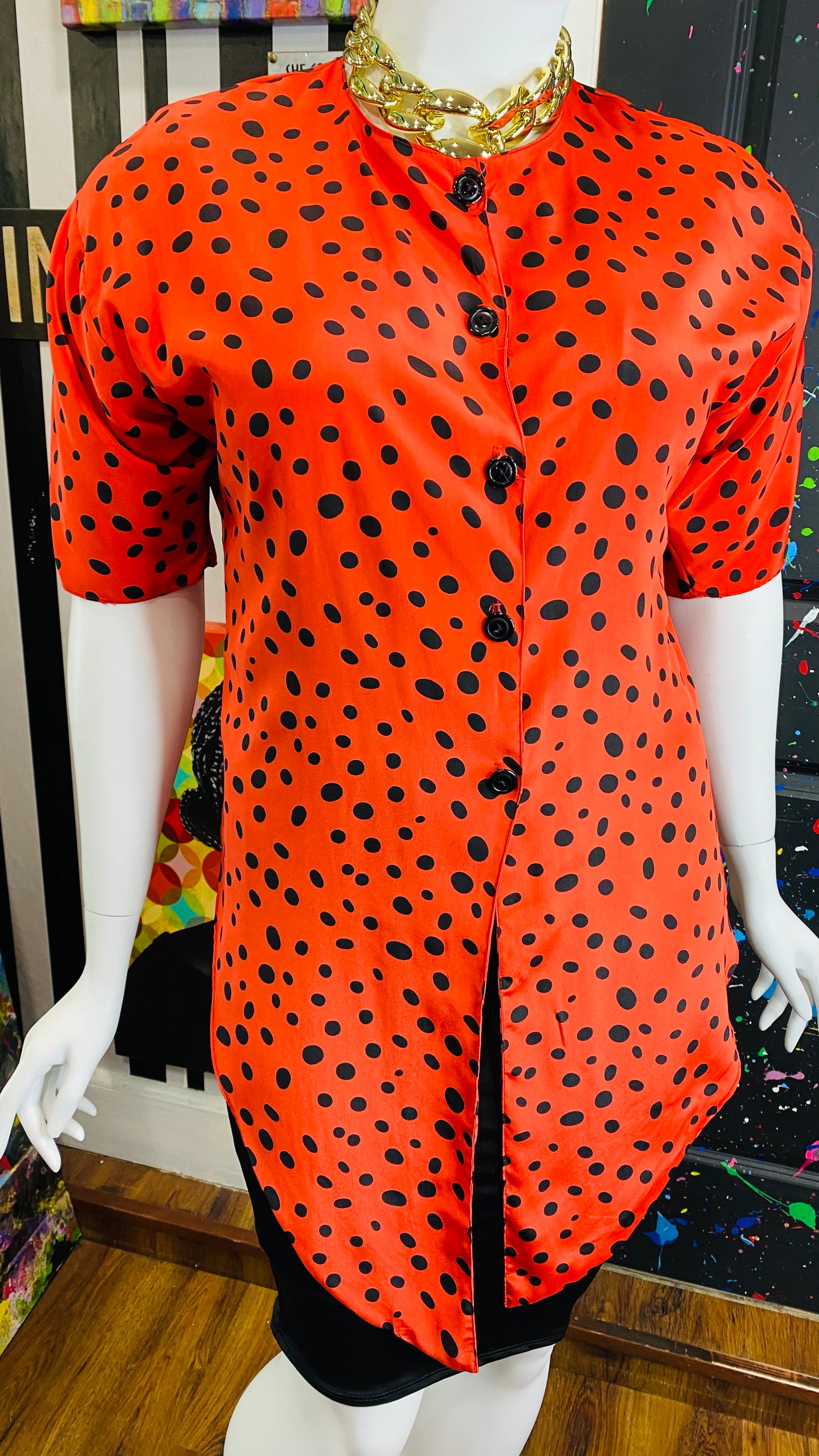 Vintage Tie Front Red & Black Polka Dot Blouse (18)