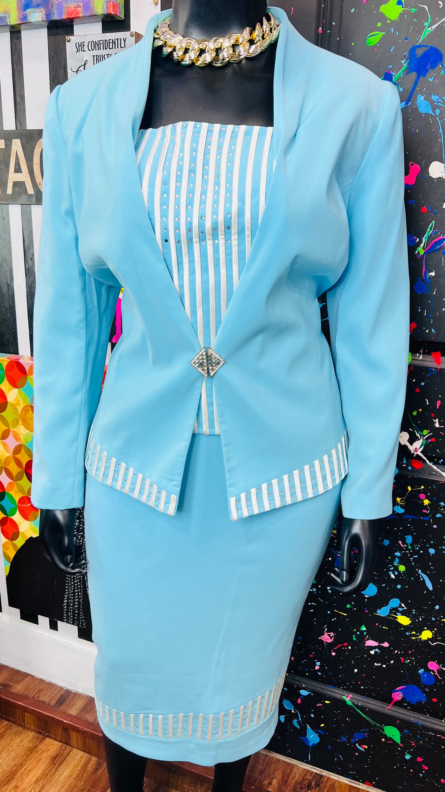 Vintage Blue & White Skirt Suit (18)