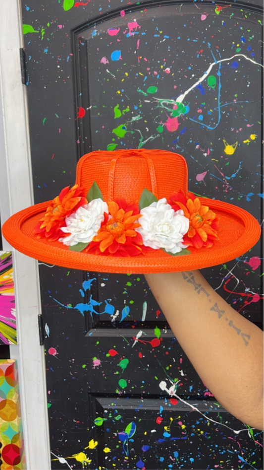 Vintage Straw Orange Floral Hat