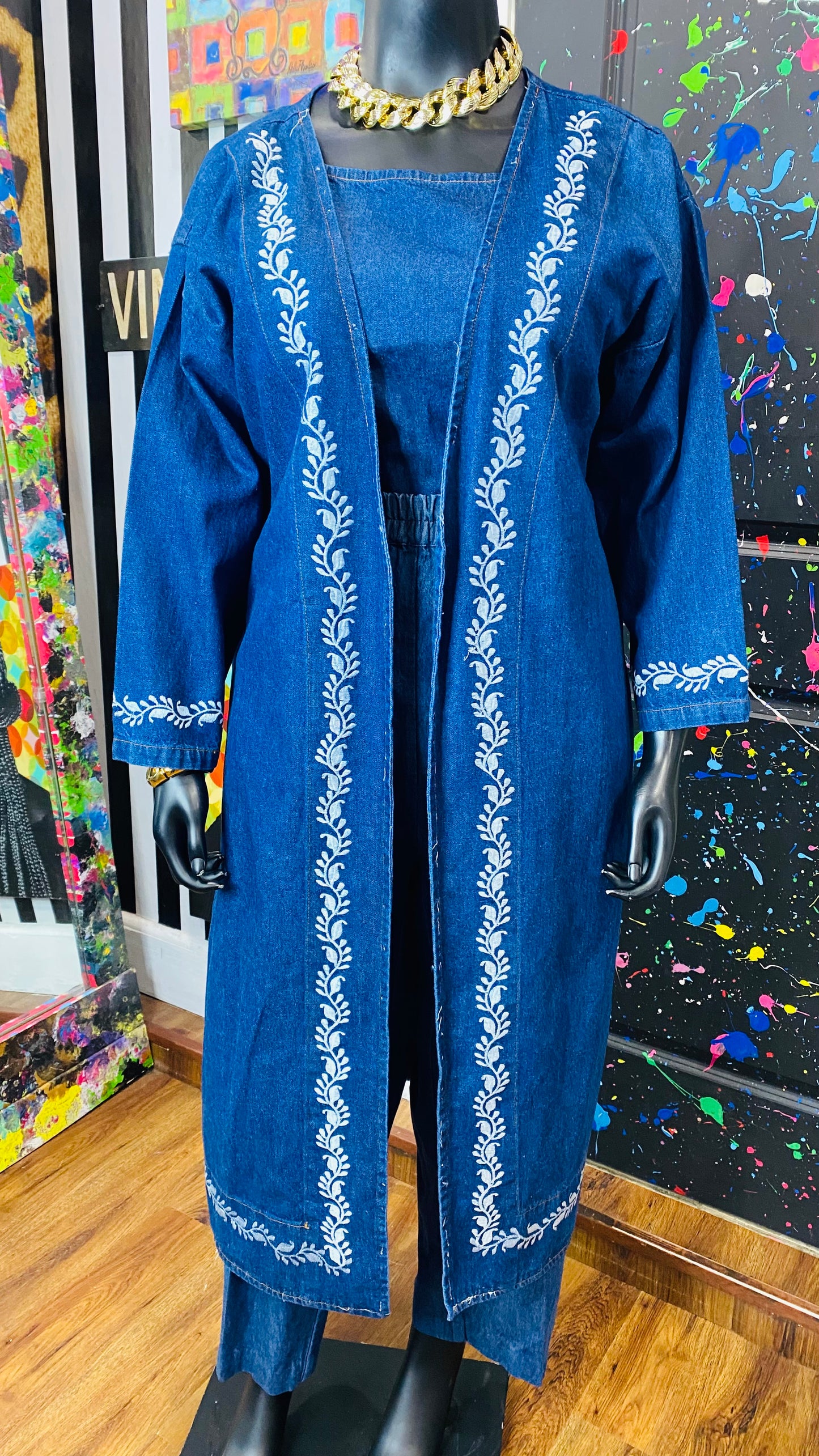 Vintage Denim Embroidered 3 Piece Pants Set (16/18)