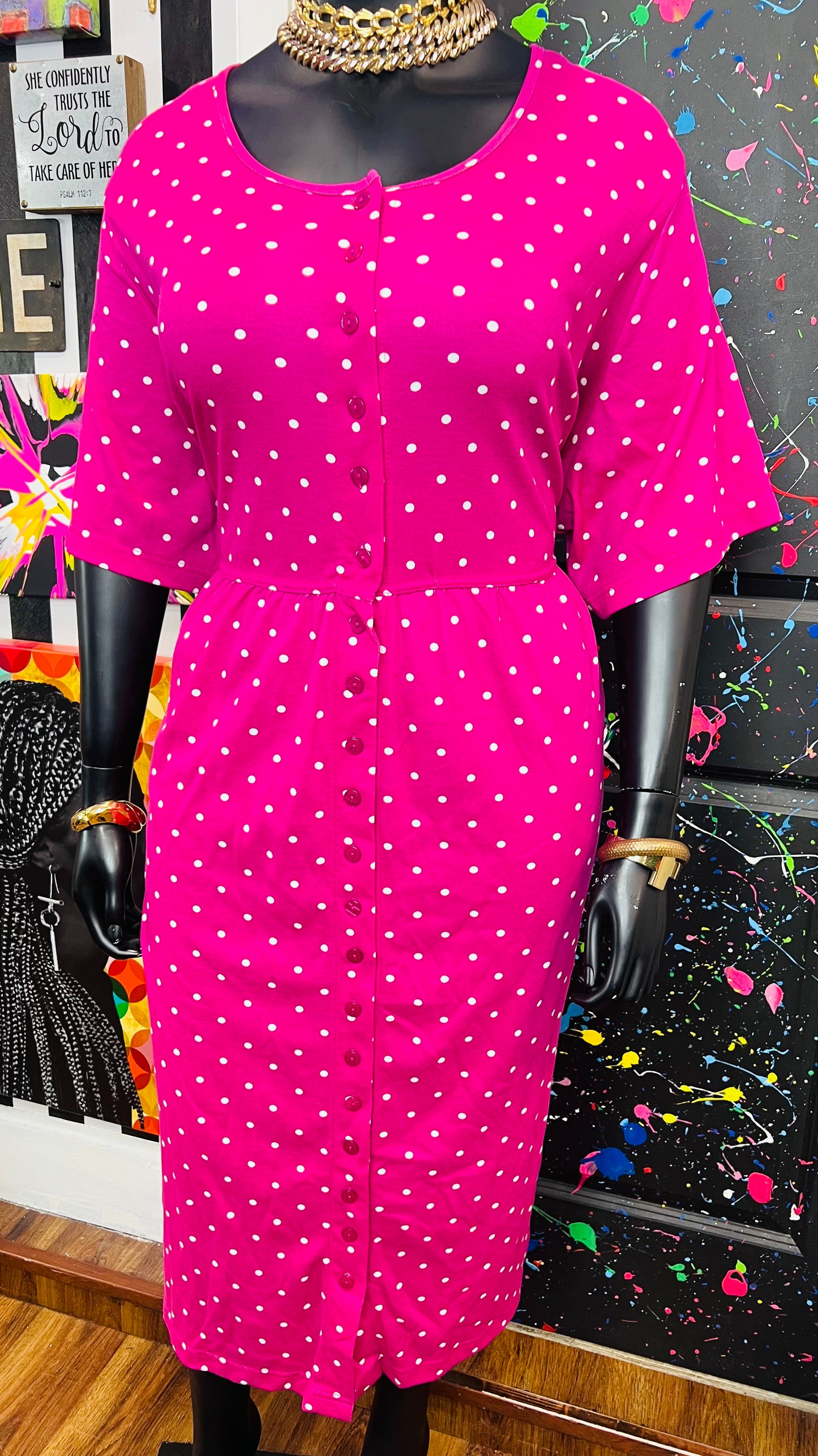 Vintage Pink & White Cotton Polka Dot Dress(24)