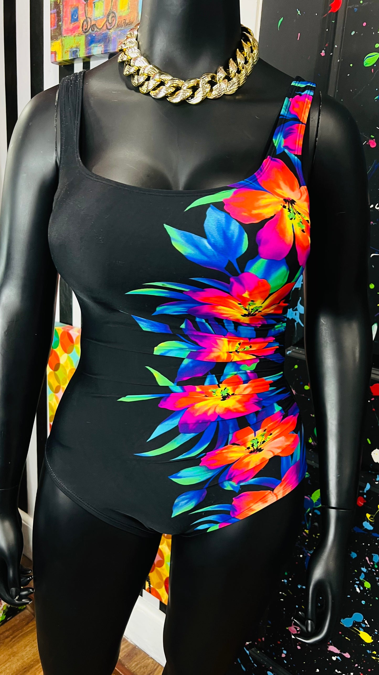 Vintage Floral Neon & Black Swimsuit (12)