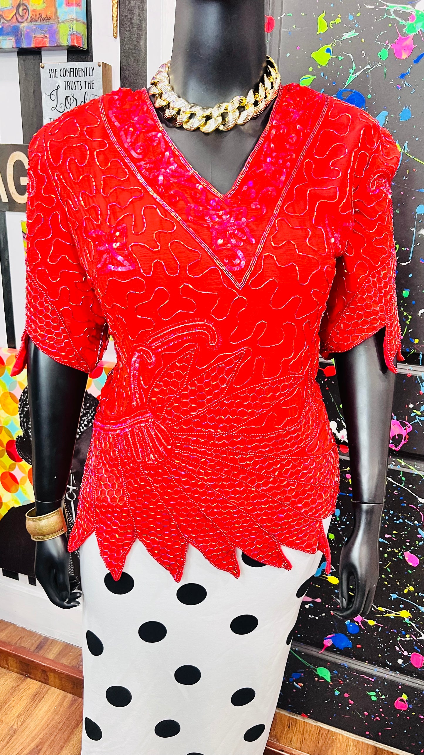 Vintage 100% Silk Red Sequin Blouse (24)
