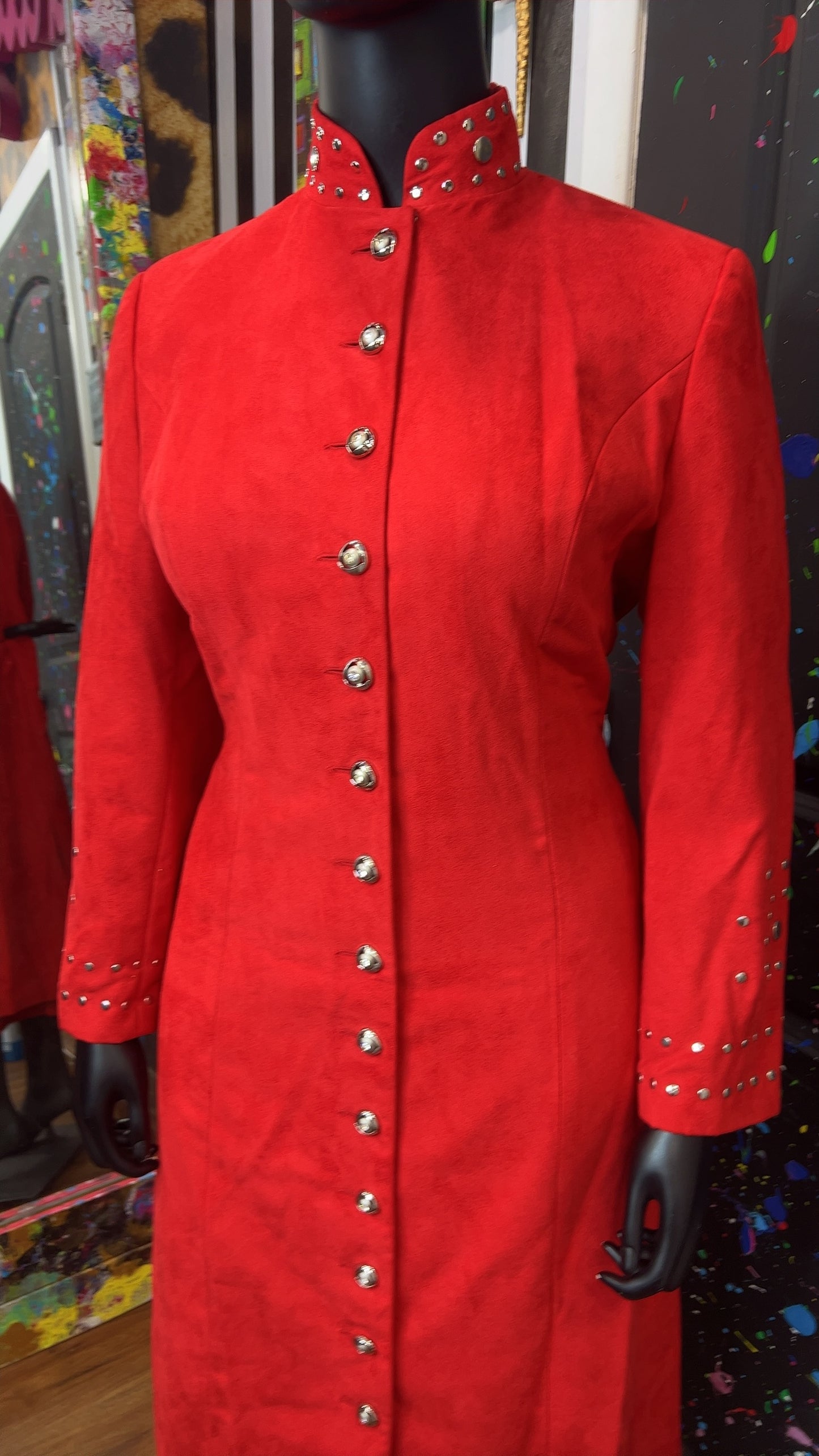 Vintage Studded Long Red Jacket & Skirt Suit (14W)