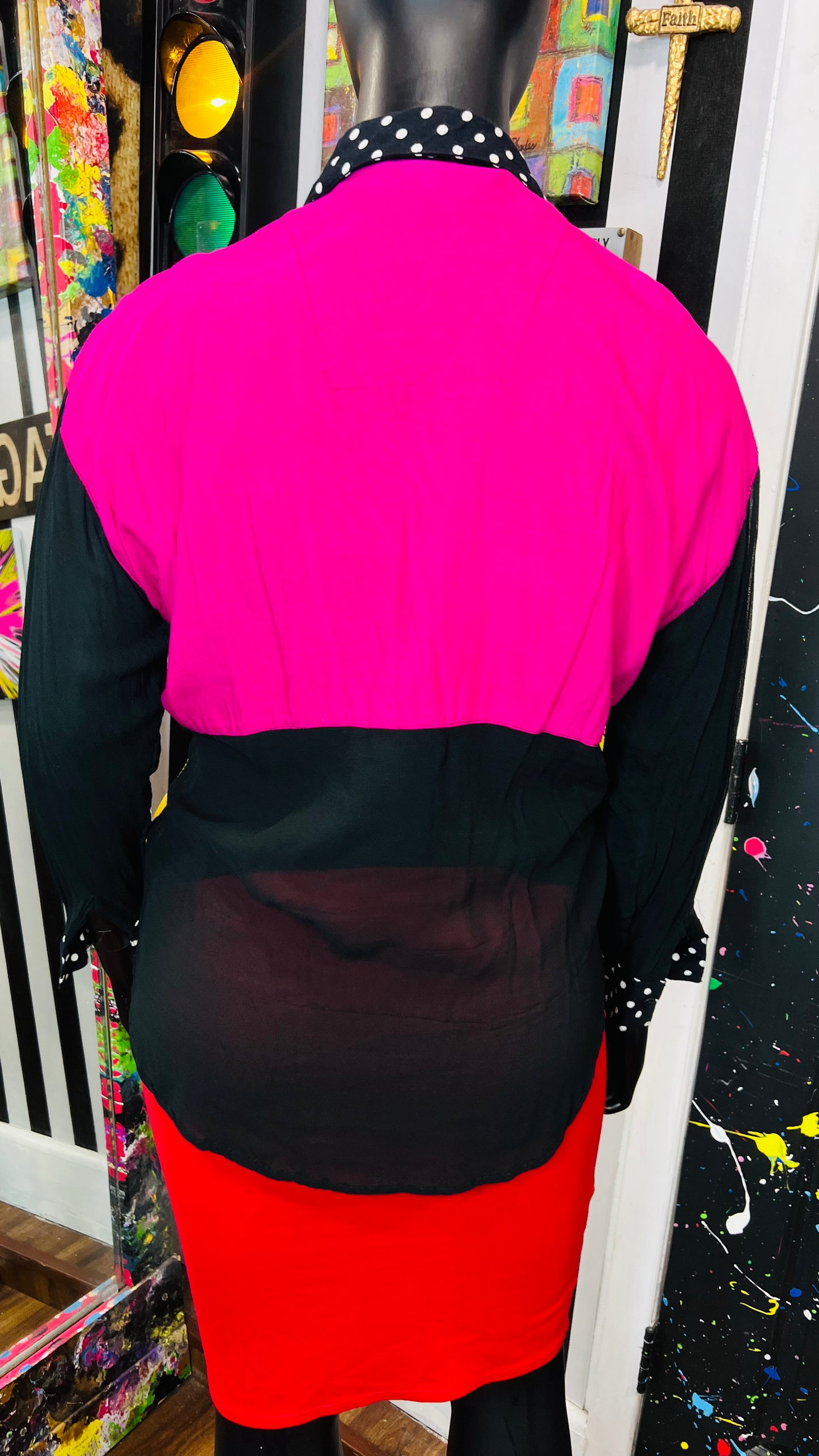 Plus Size Vintage Color Block Sheer Arms Blouse (18/20)