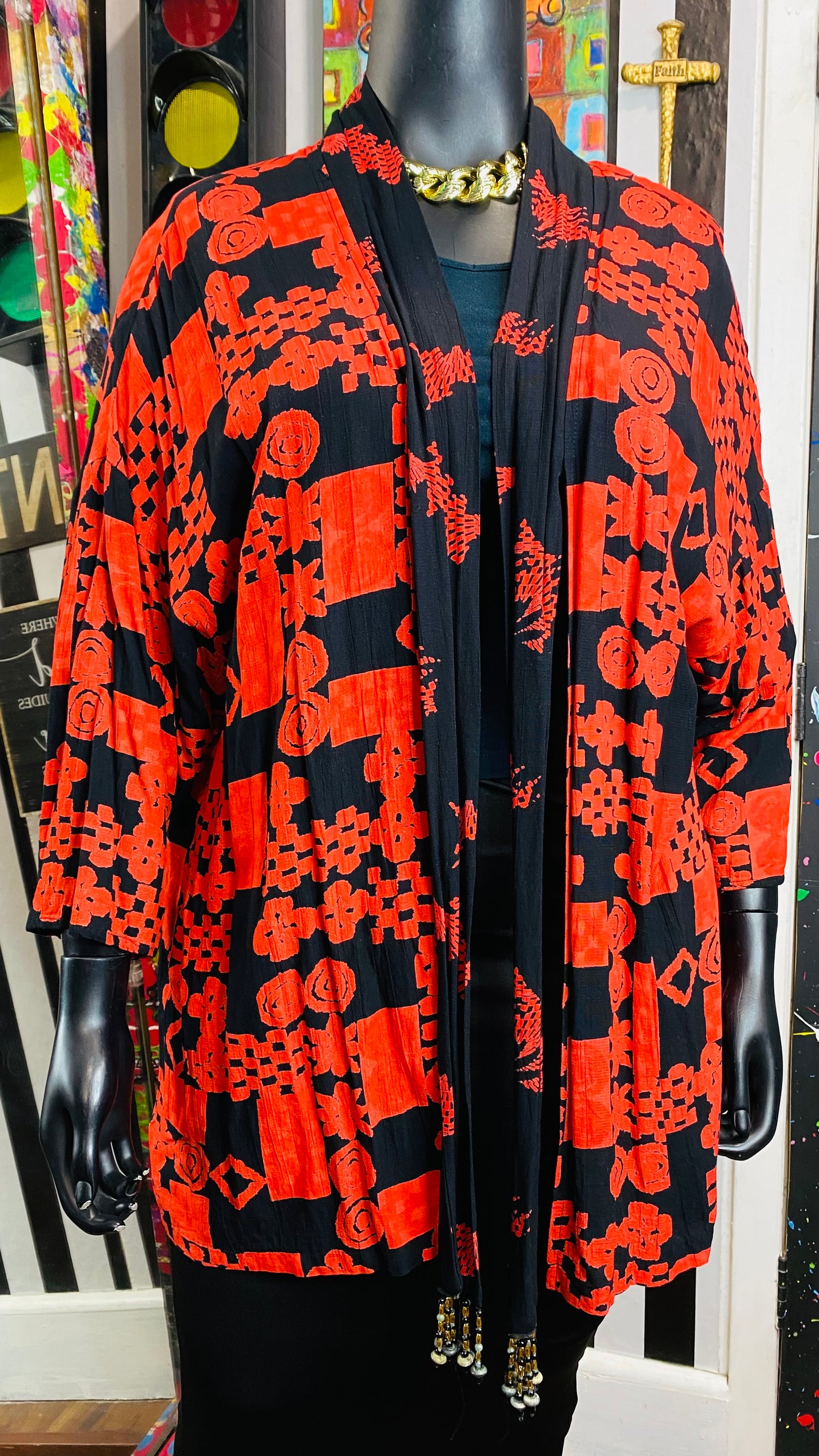 Vintage Black & Red Rayon Duster (20)