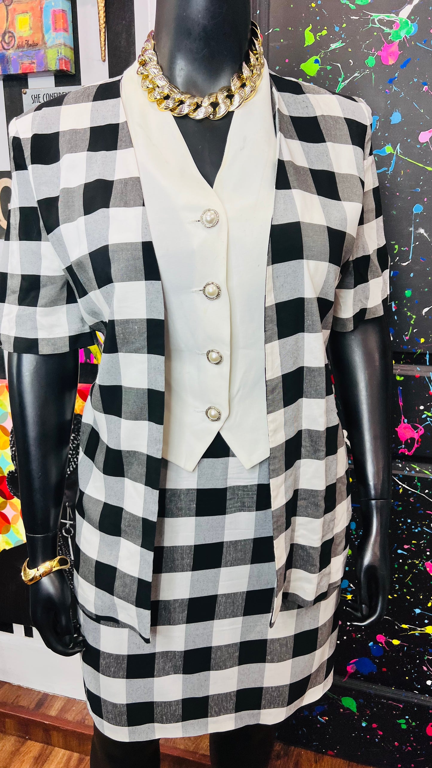 Vintage White & Black Checkered Skirt Suit (14)
