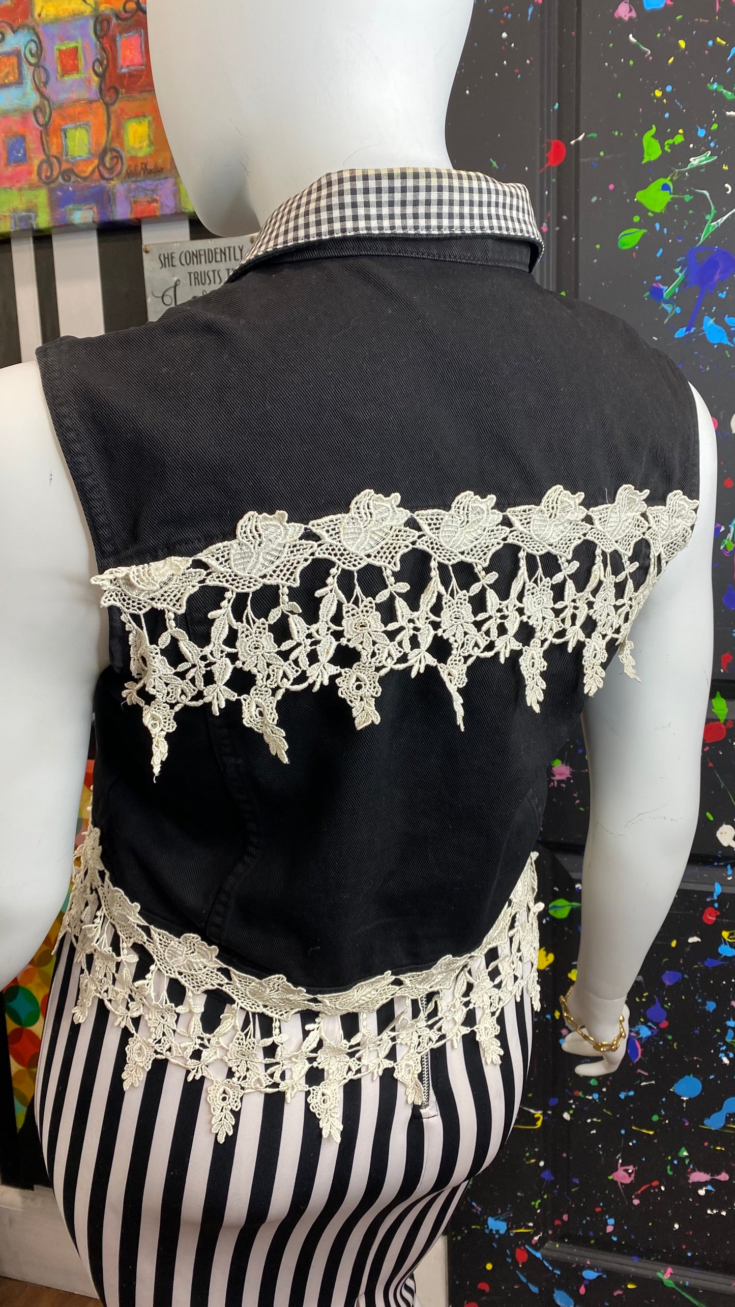 Vintage Black & White Denim & Lace Vest (14)