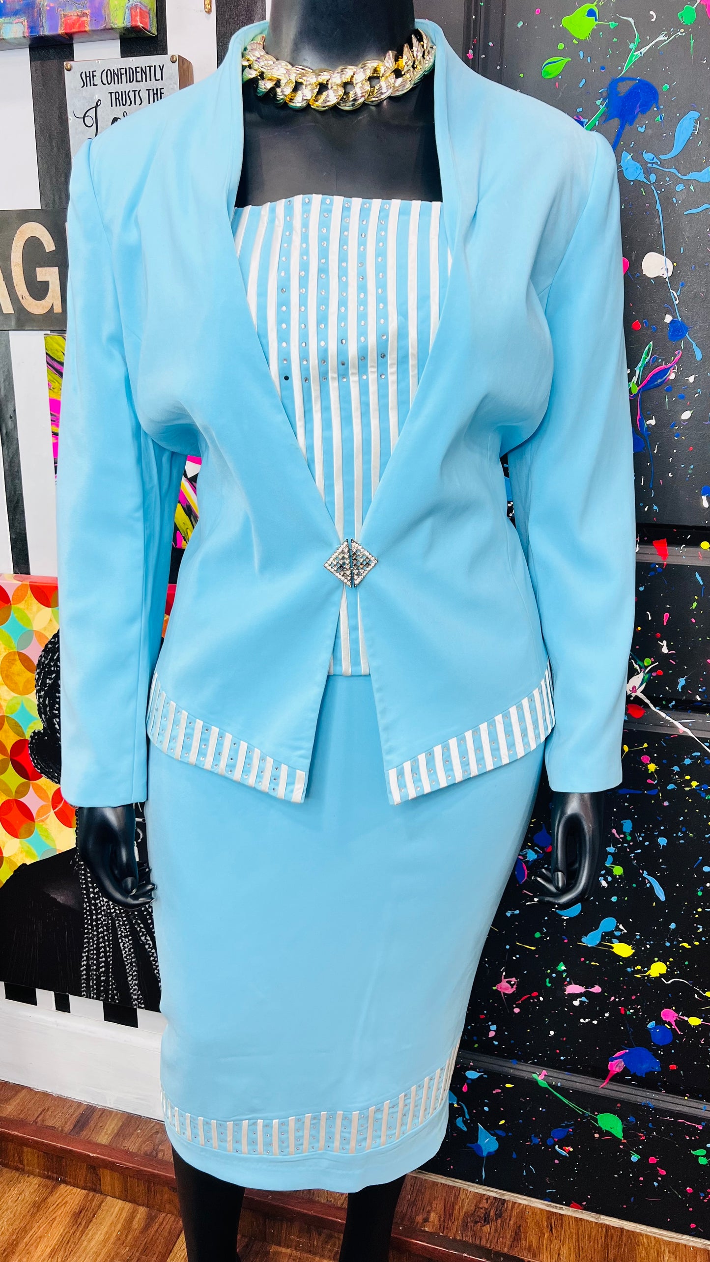 Vintage Blue & White Skirt Suit (18)