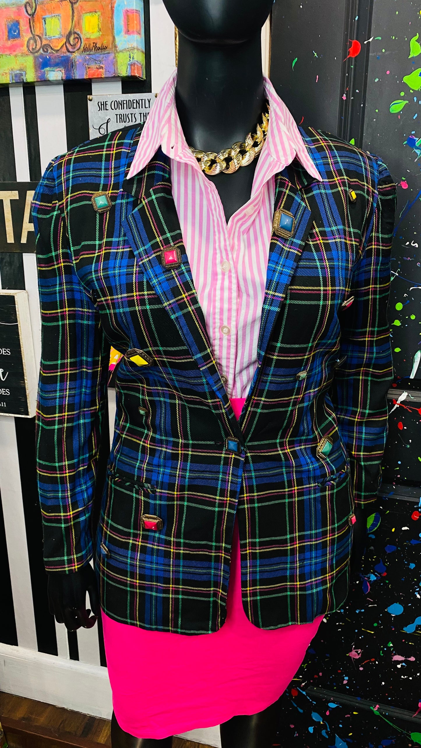 Plus Size Vintage Plaid Button Blazer (14)