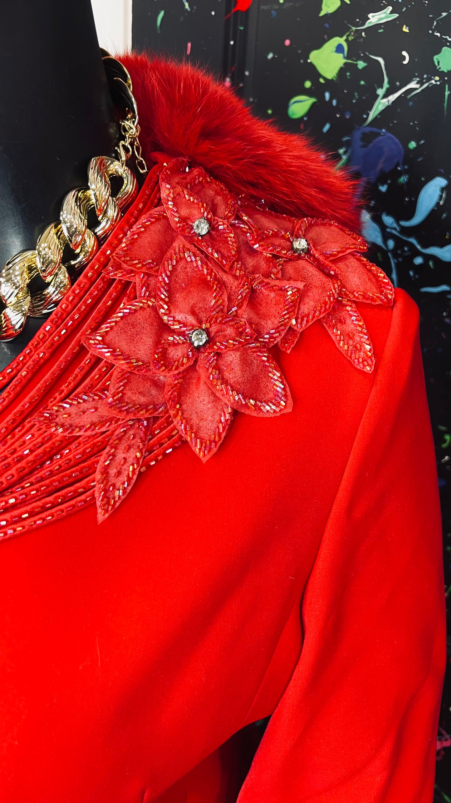 Vintage Couture Red Faux Fur Skirt Suit (20)