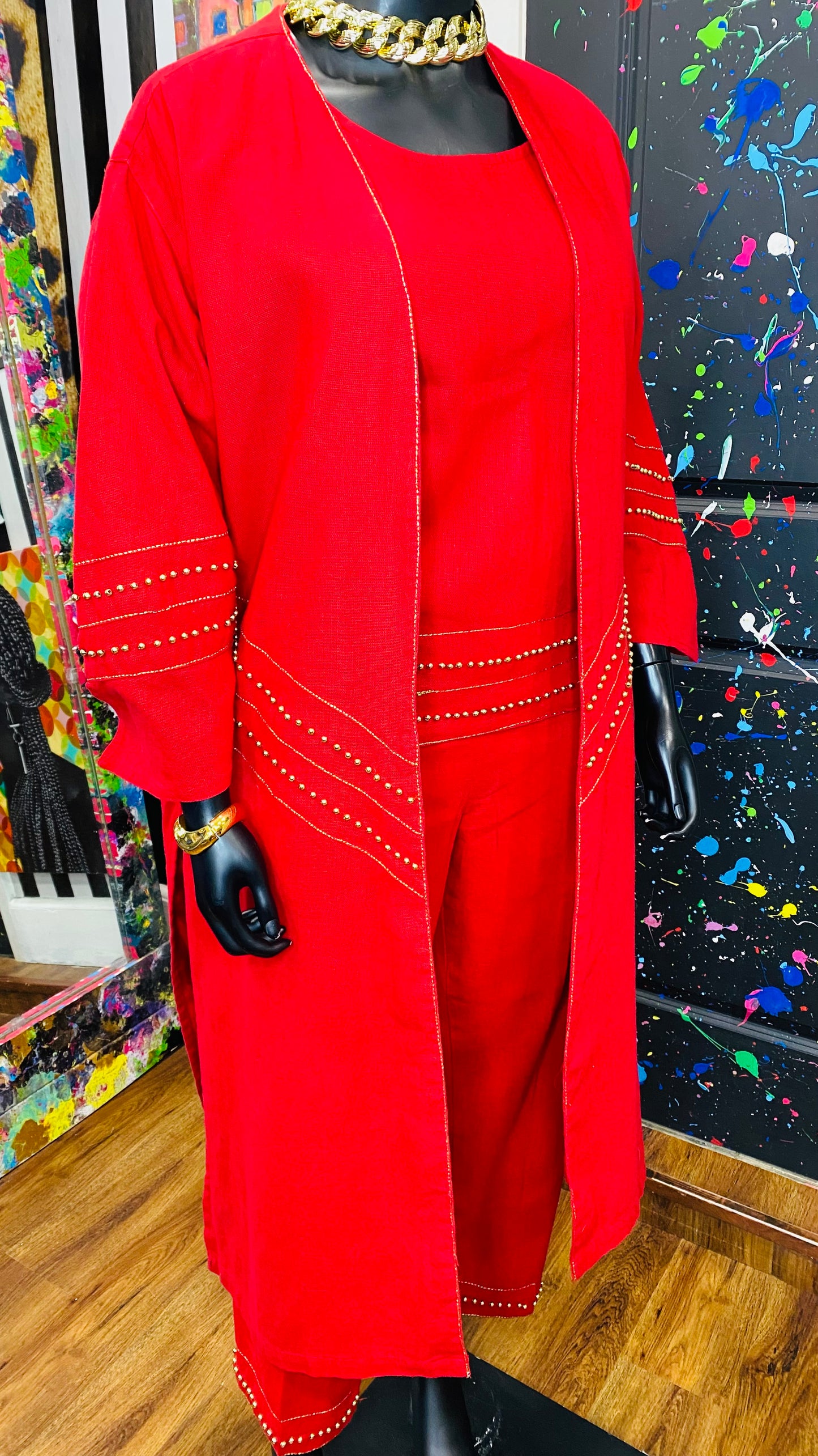 Vintage Traditional African Red & Gold Beaded 3 Piece Cotton Pants Set (14)