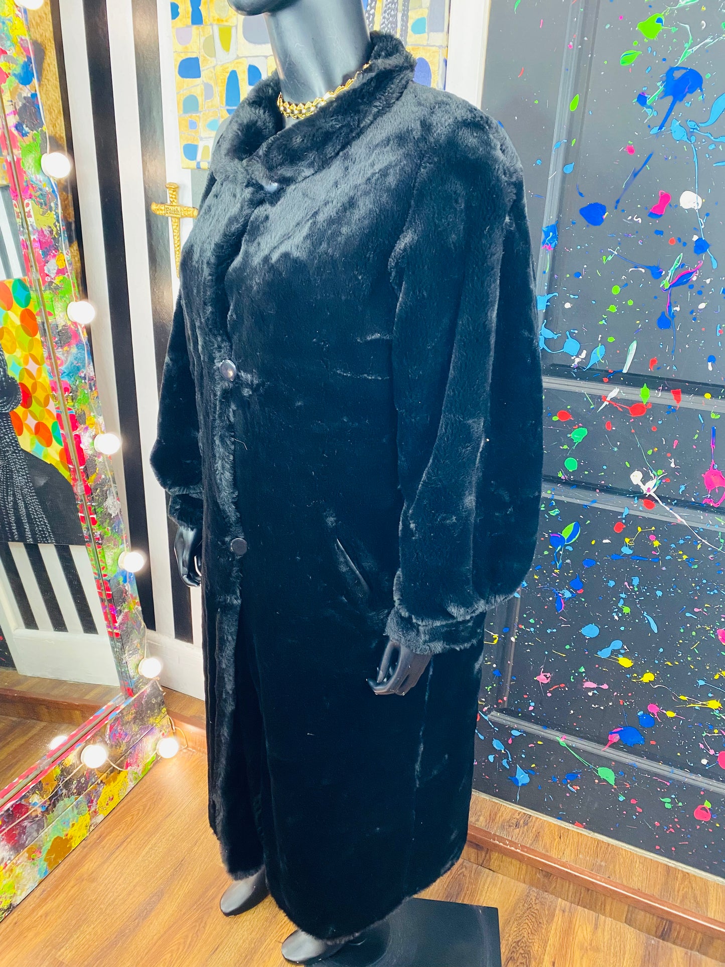 Vintage Black Fur Trench Coat