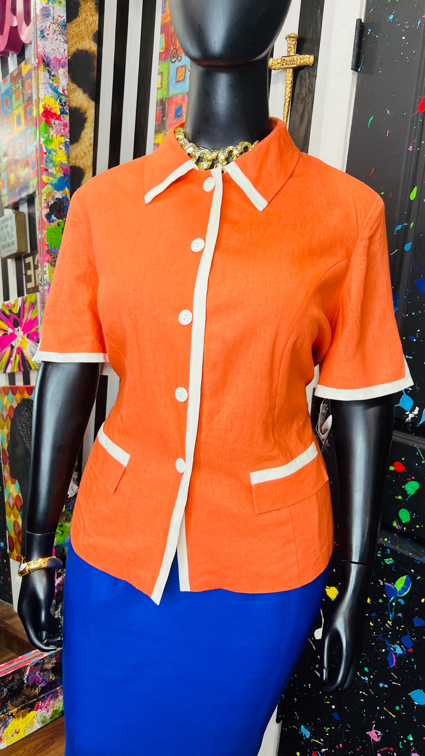 Vintage Deadstock Orange & White Blazer Blouse (20W)