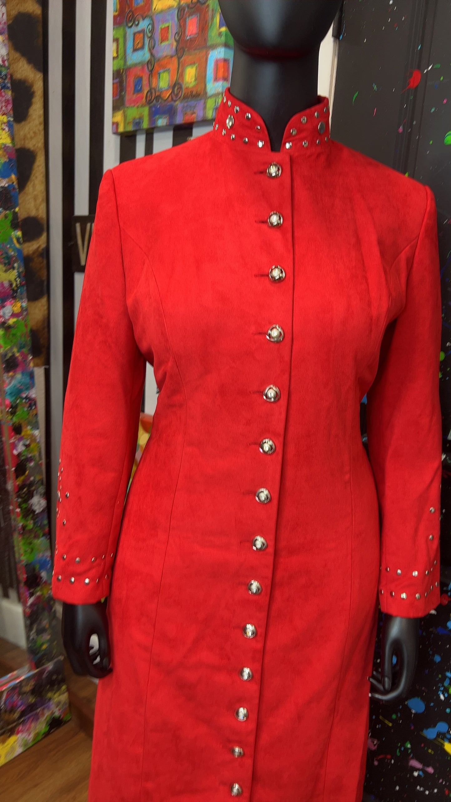 Vintage Studded Long Red Jacket & Skirt Suit (14W)