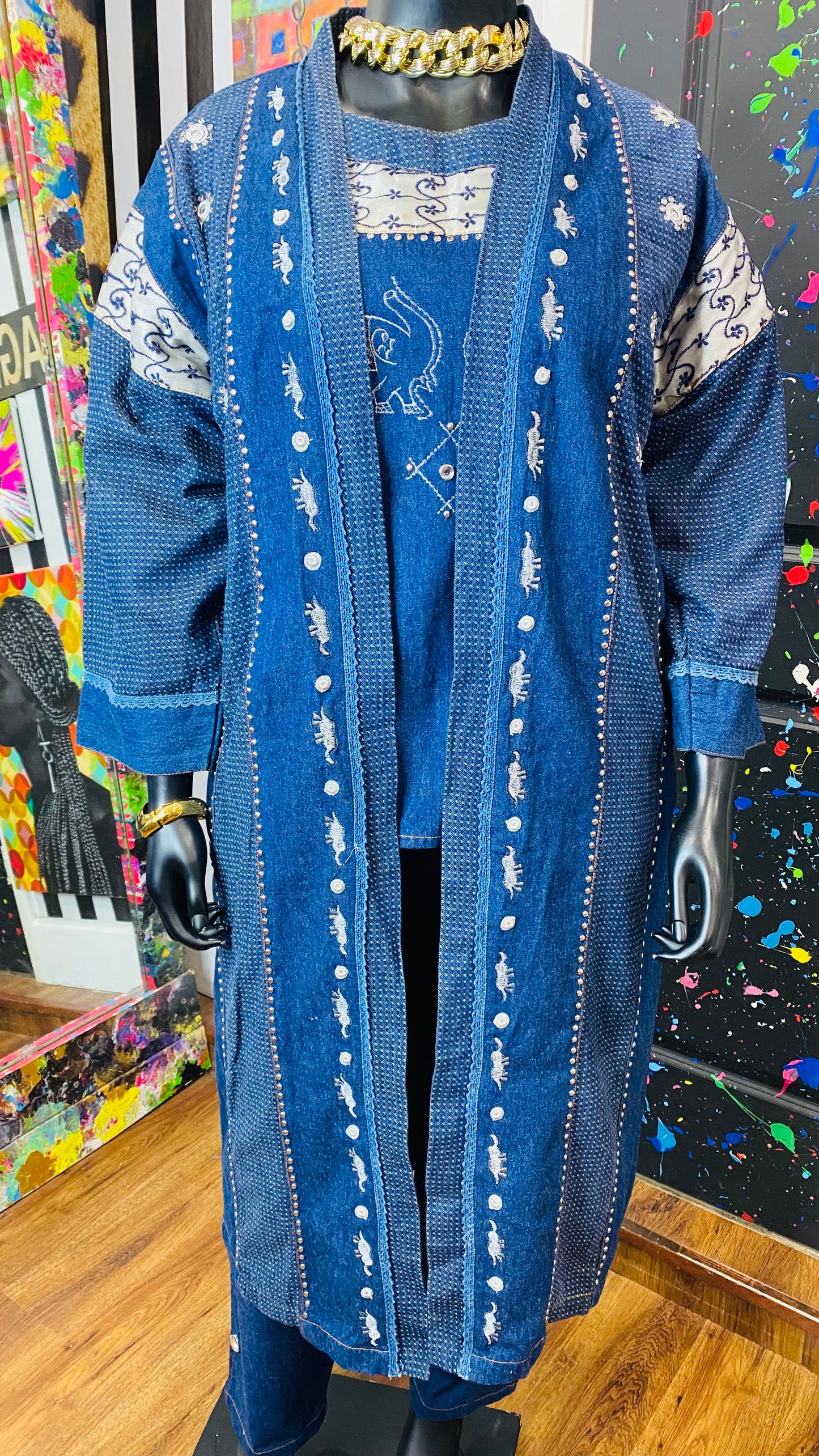Vintage Denim Embroidered & Jeweled 3 Piece Pants Set (14)
