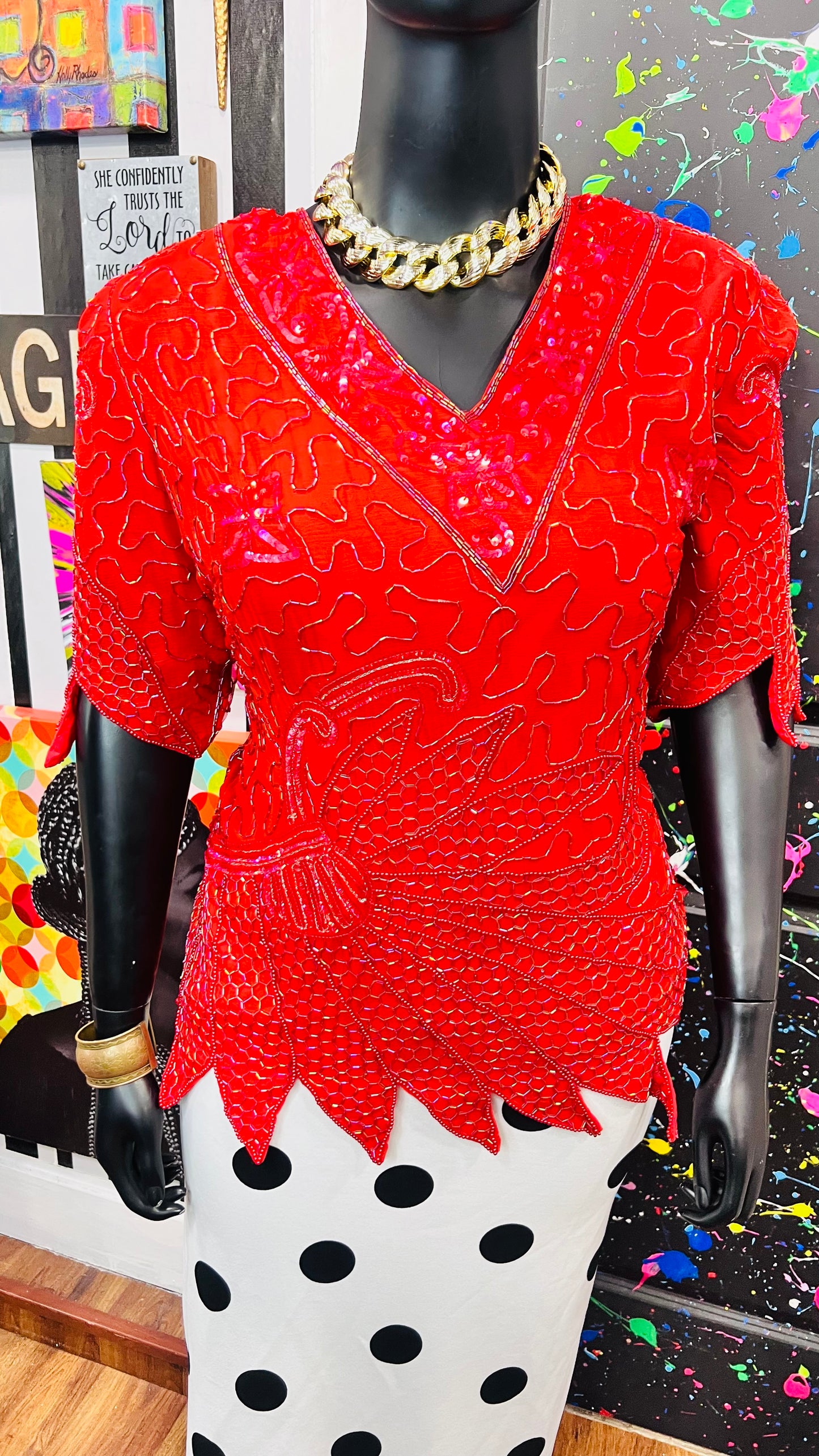 Vintage 100% Silk Red Sequin Blouse (24)