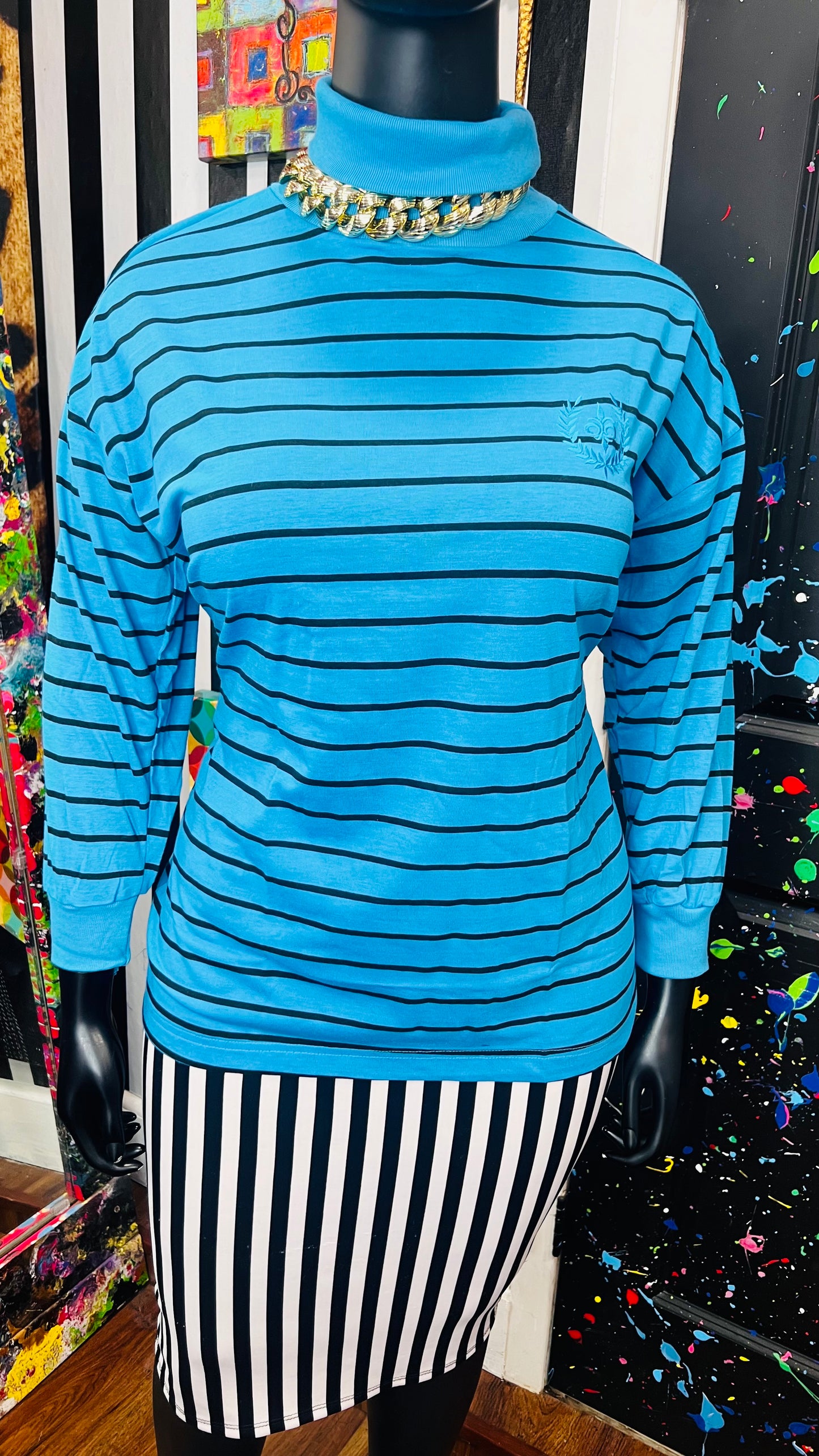 Vintage 100% Cotton Black Striped Turtle Neck- Blue (18)