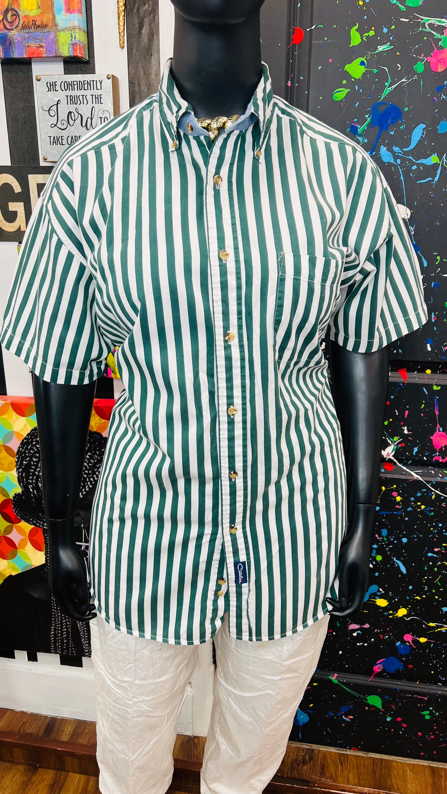 Vintage Cotton Green & White Catalina Striped Blouse (22)