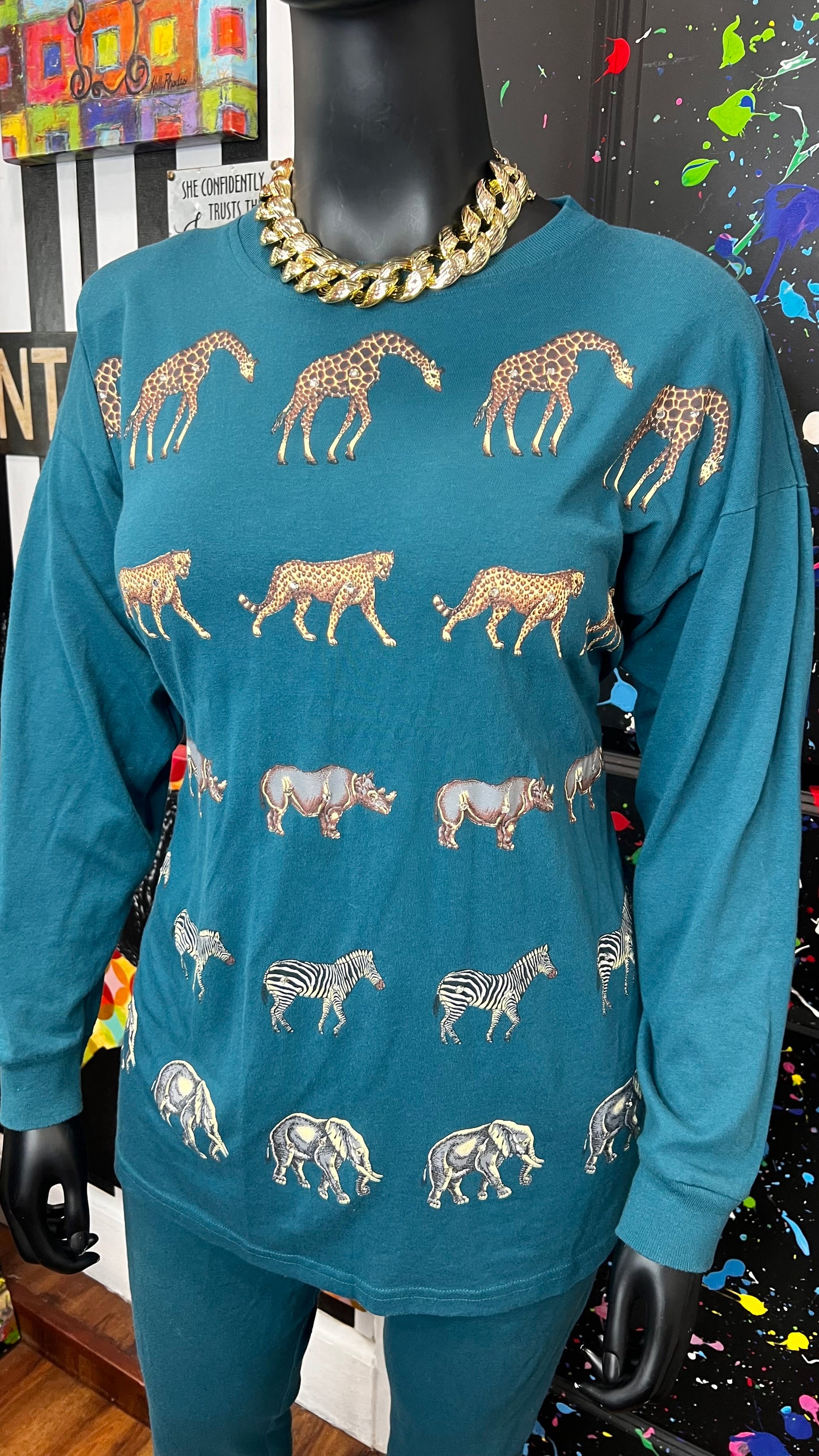Vintage Cotton Animal Print & Jewel Top Pants Set