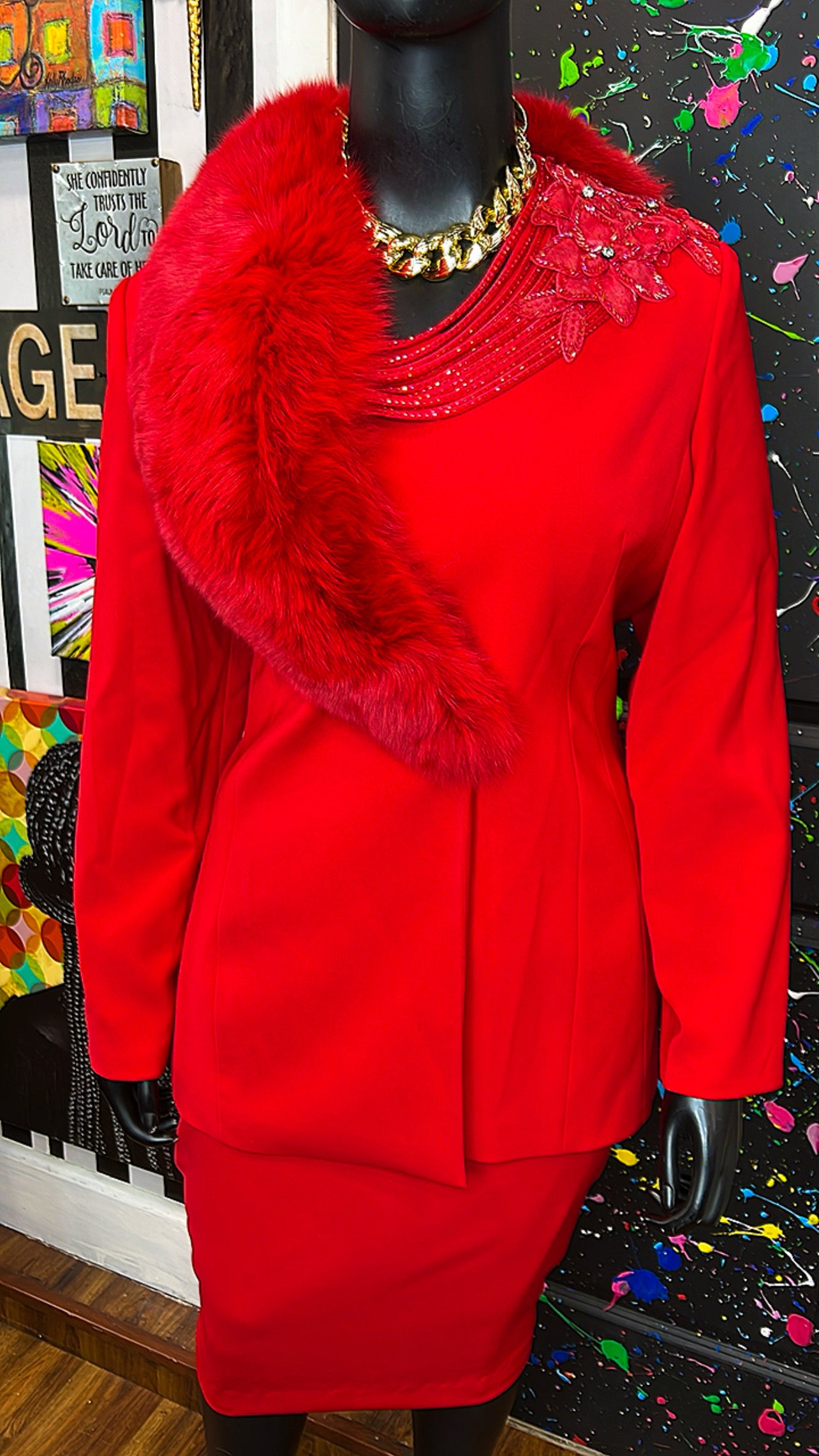 Vintage Couture Red Faux Fur Skirt Suit (20)