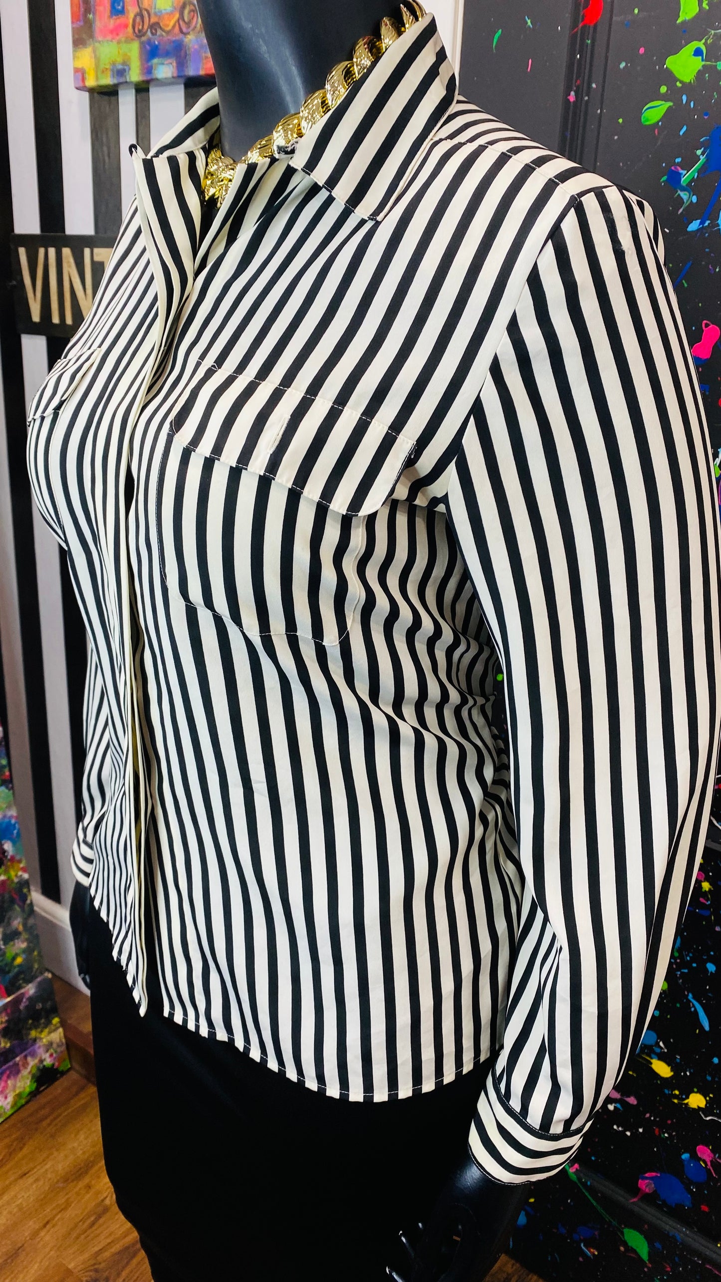 Vintage Black & White Striped Blouse (12)