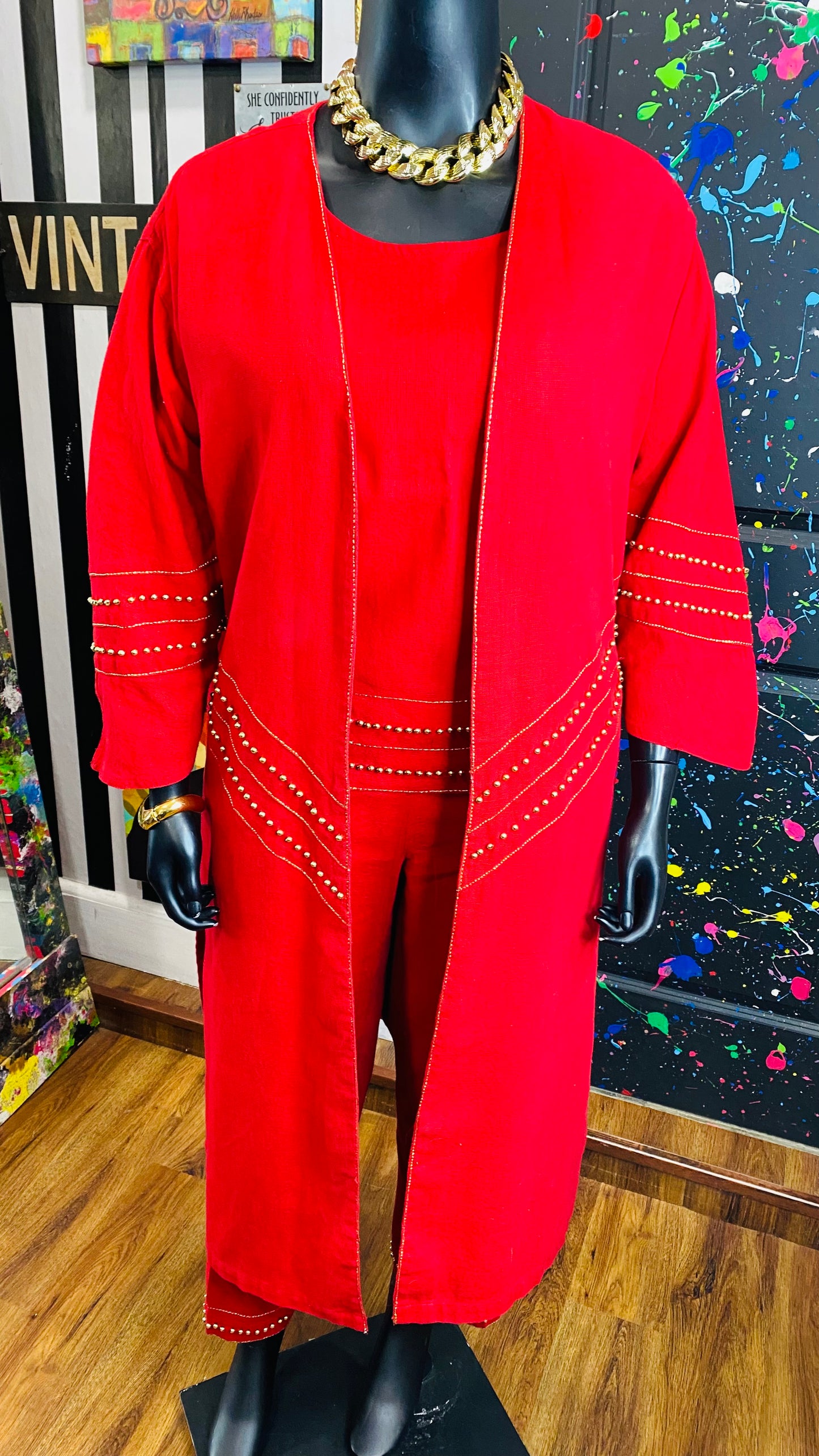 Vintage Traditional African Red & Gold Beaded 3 Piece Cotton Pants Set (14)