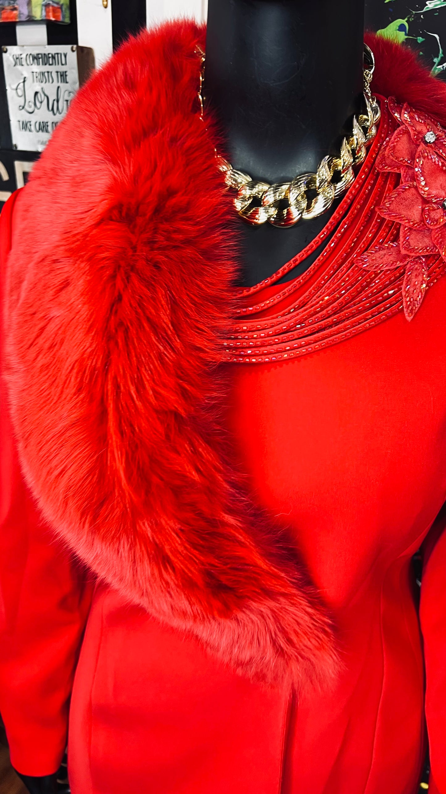 Vintage Couture Red Faux Fur Skirt Suit (20)
