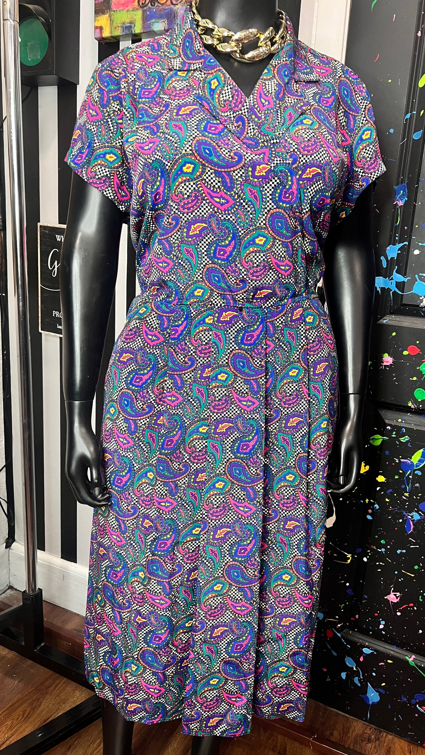 Vintage Checkered Paisley Dress (14W)