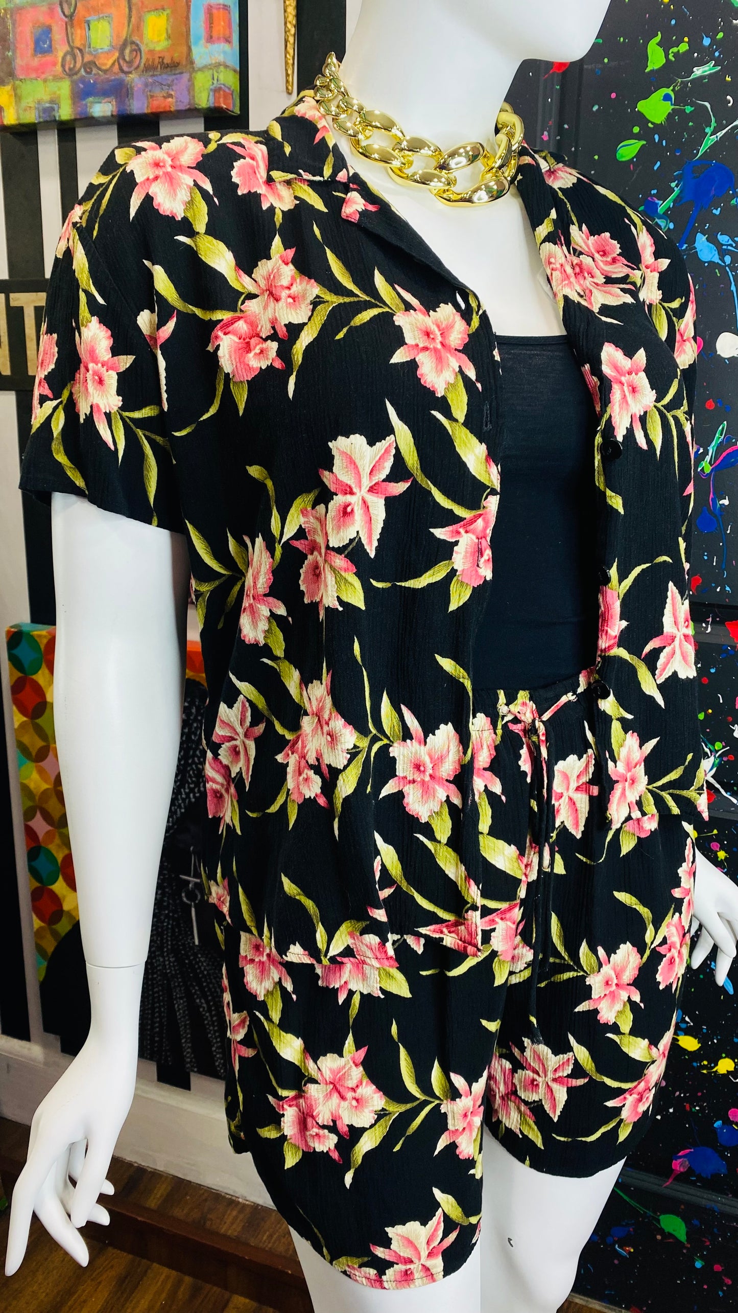 Vintage Floral Rayon Shorts Set (16/18)