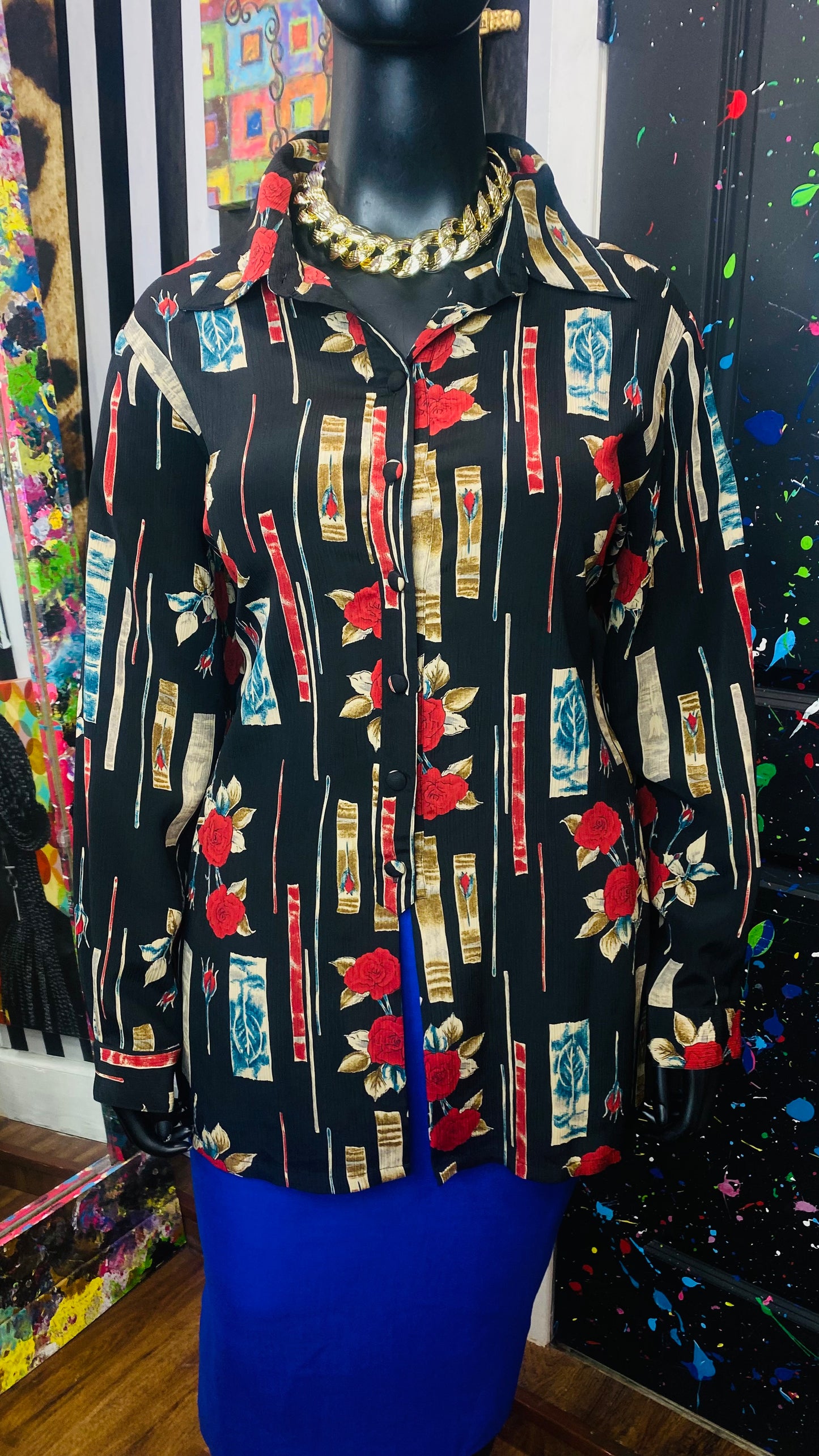 Vintage Black Blue & Red Rose Blouse (22)