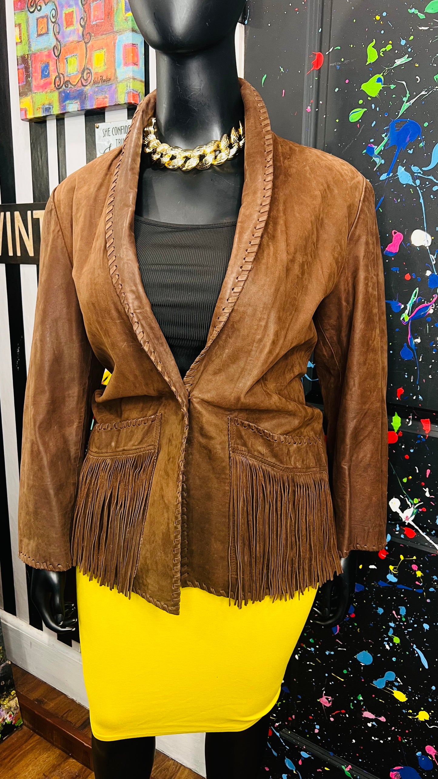 Vintage Genuine Leather Brown Fringe Blazer (18)