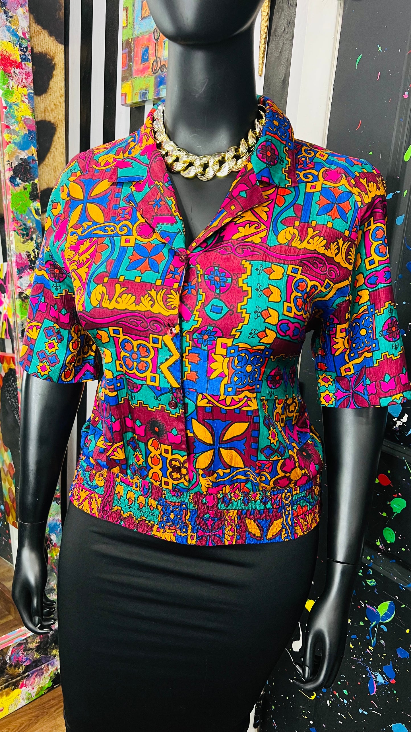Vintage Abstact Elastic Waist Blouse (16)