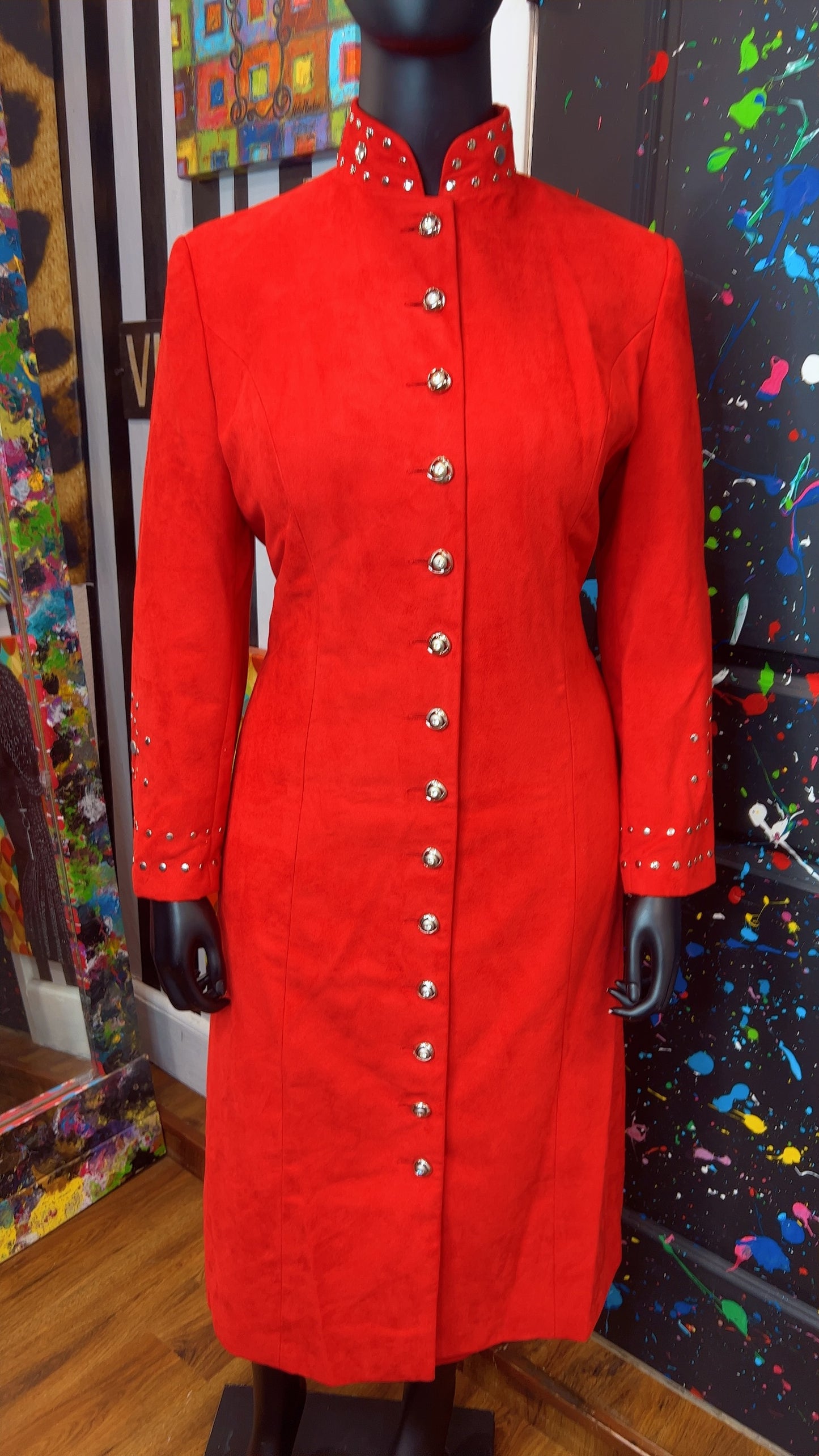 Vintage Studded Long Red Jacket & Skirt Suit (14W)