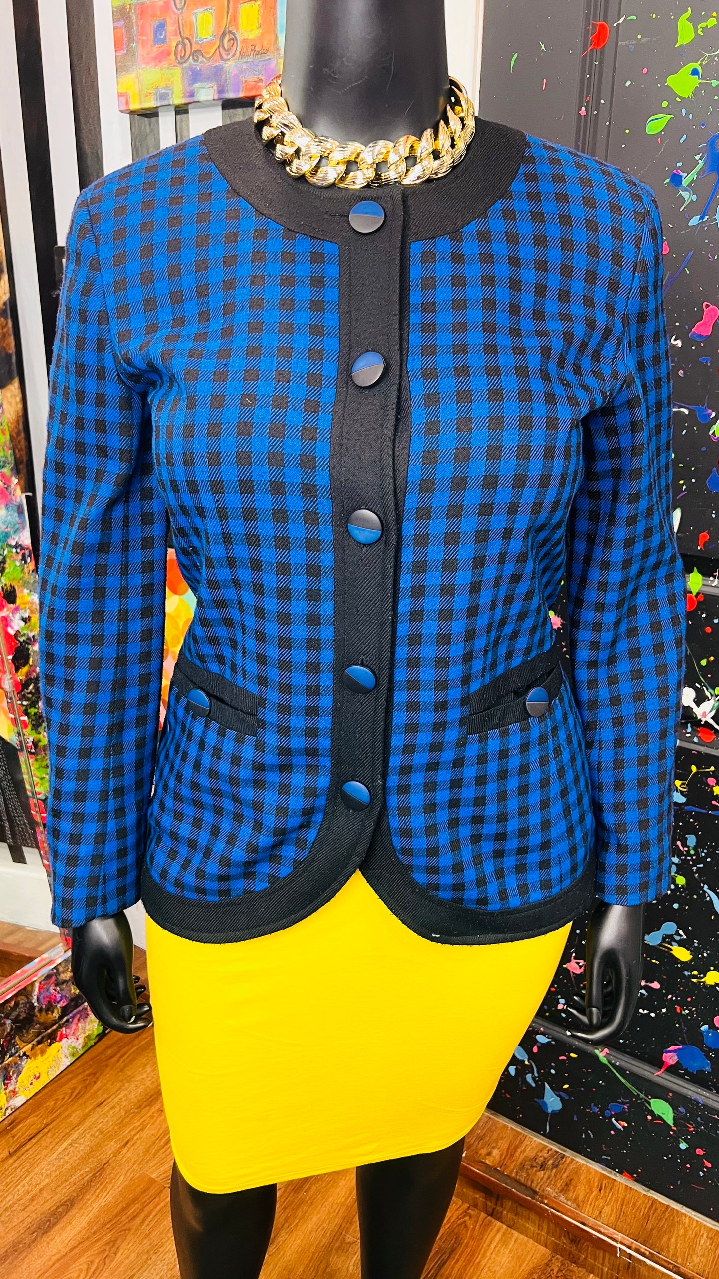 Vintage Leslie Fay Checkered Blue & Black Blazer (14)
