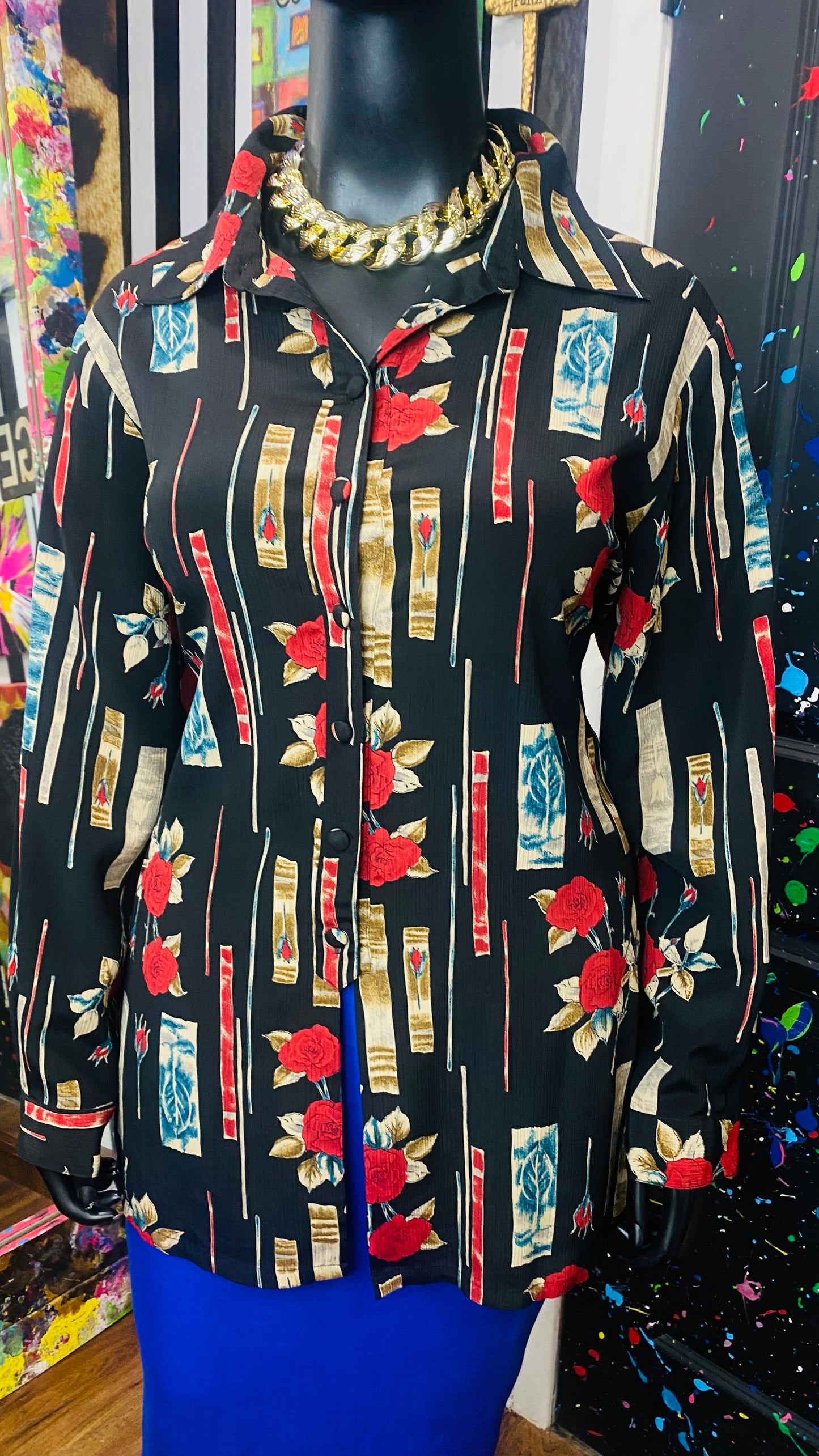 Vintage Black Blue & Red Rose Blouse (22)