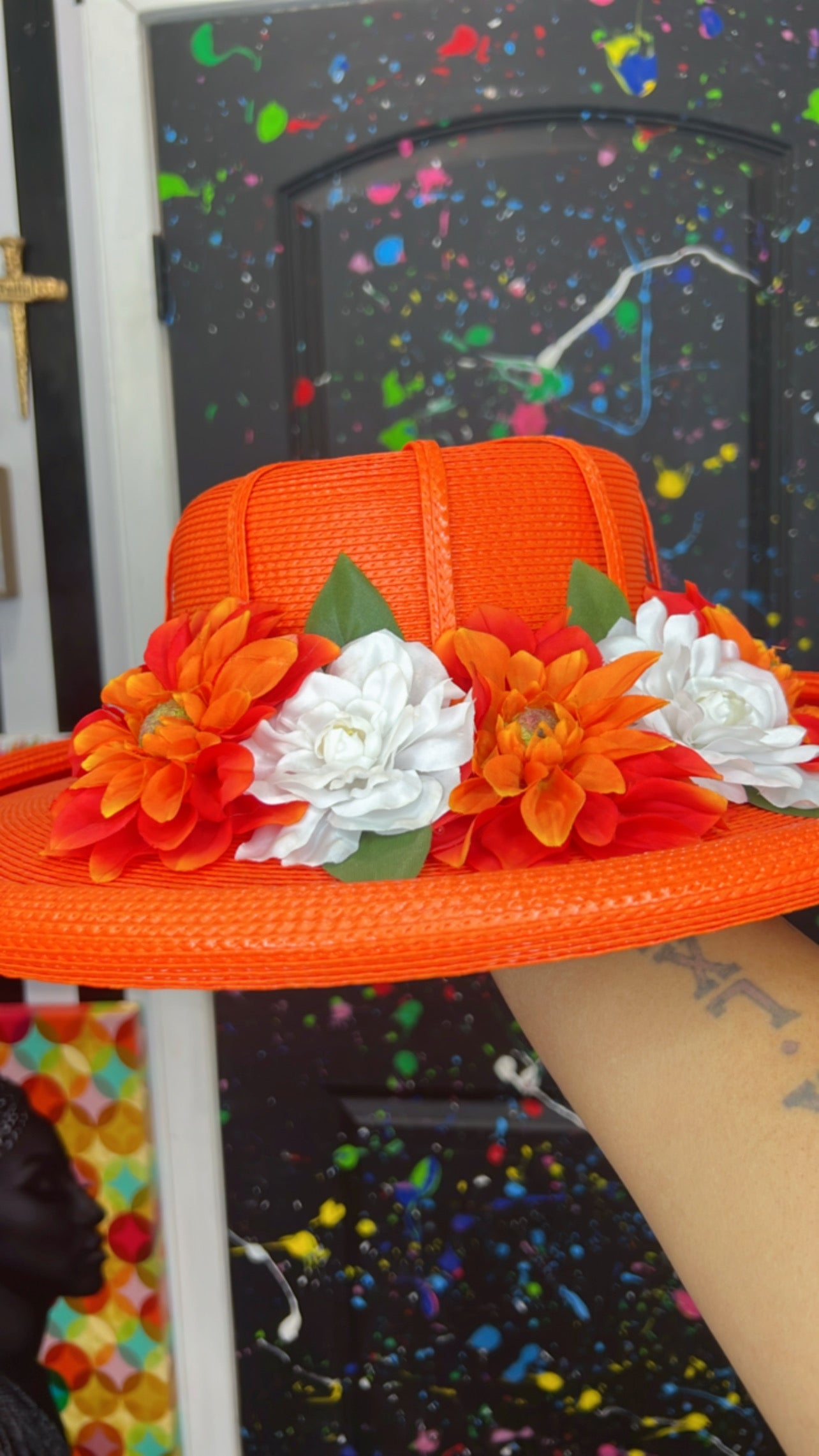 Vintage Straw Orange Floral Hat