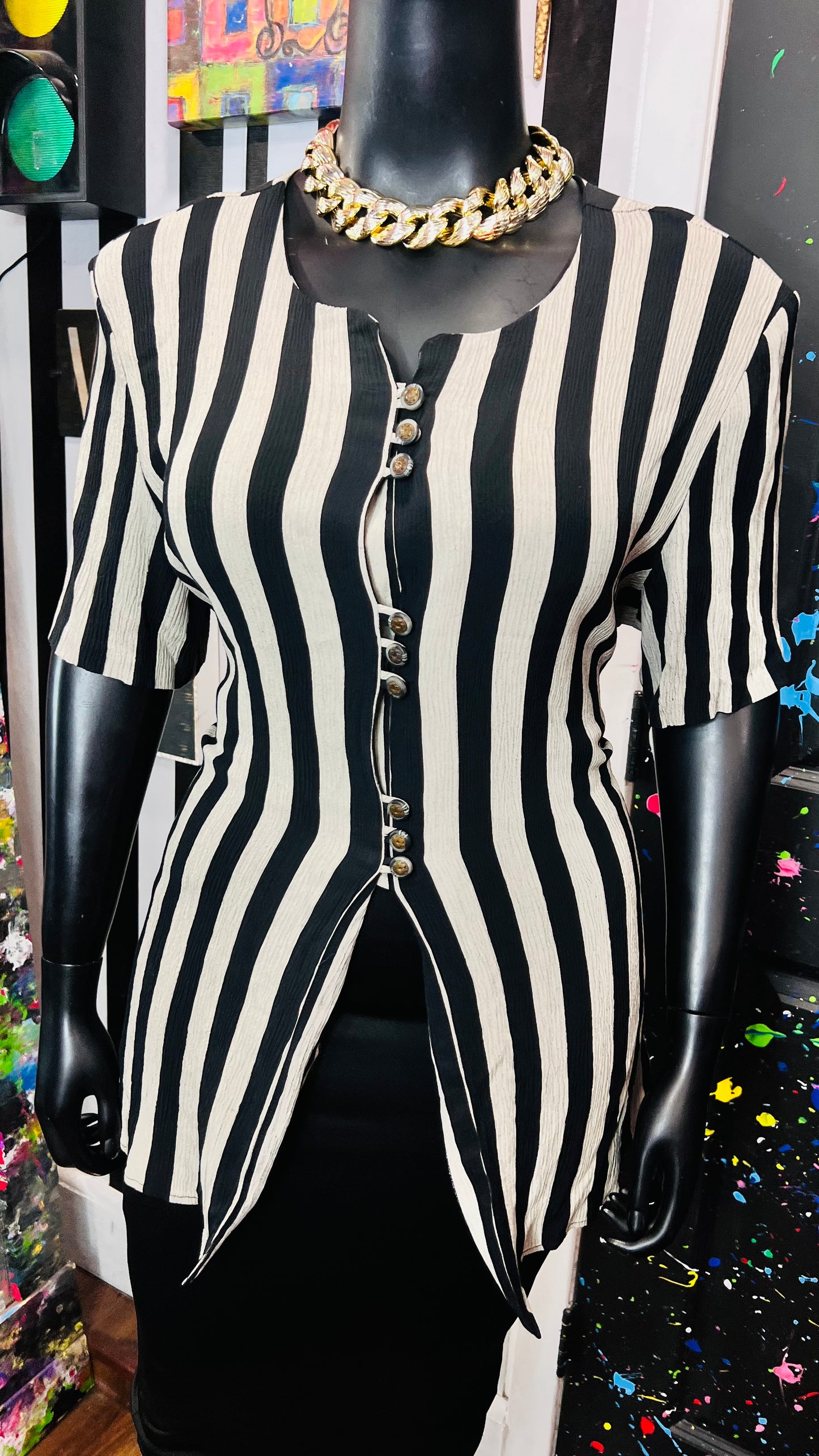 Vintage Beige & Black Striped Blouse (20)