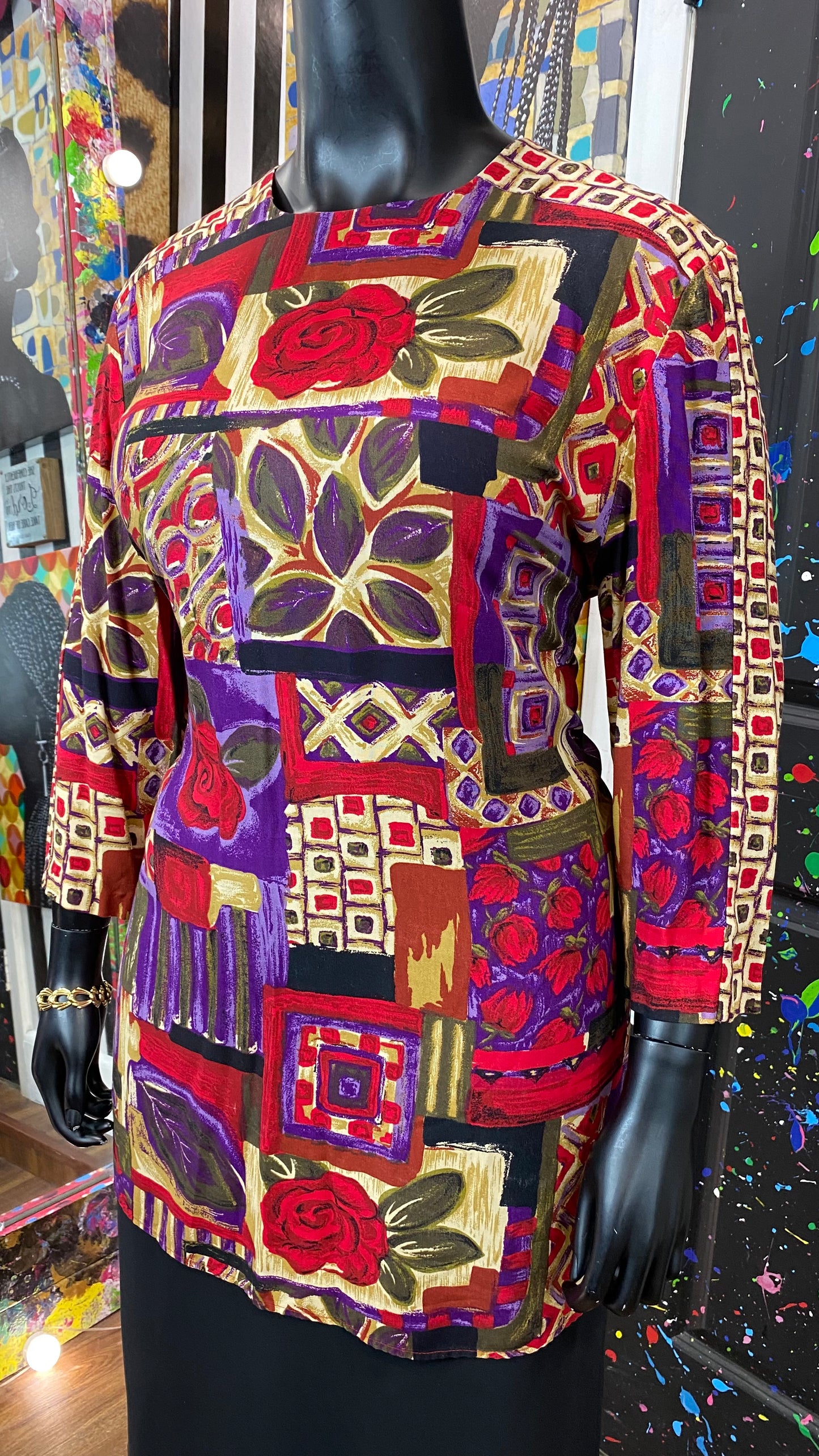 Vintage 3/4 Sleeve Quilted Print Blouse