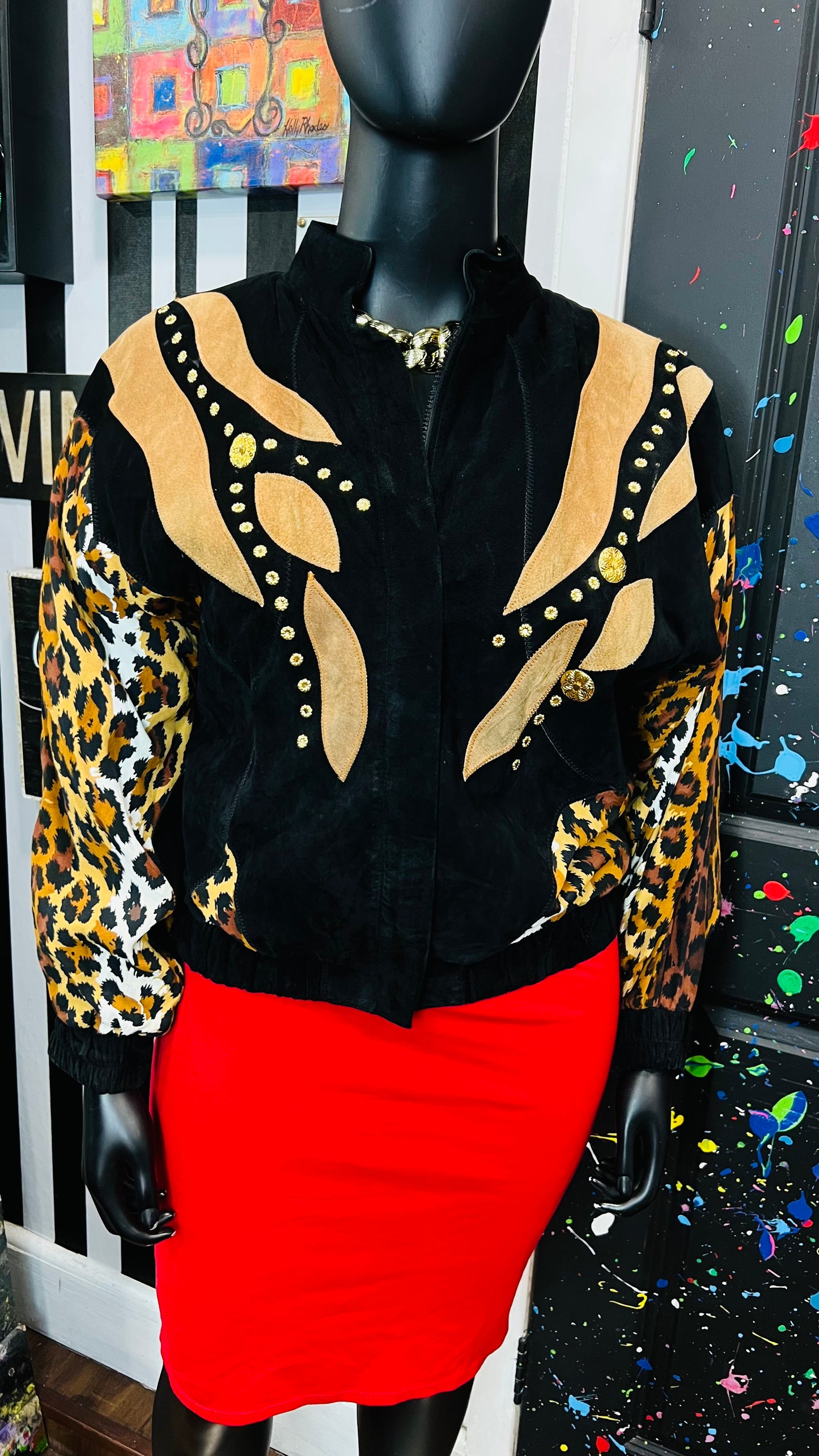 Vintage Genuine Suede Leather & Rayon Studded Animal Print Jacket (16/18)