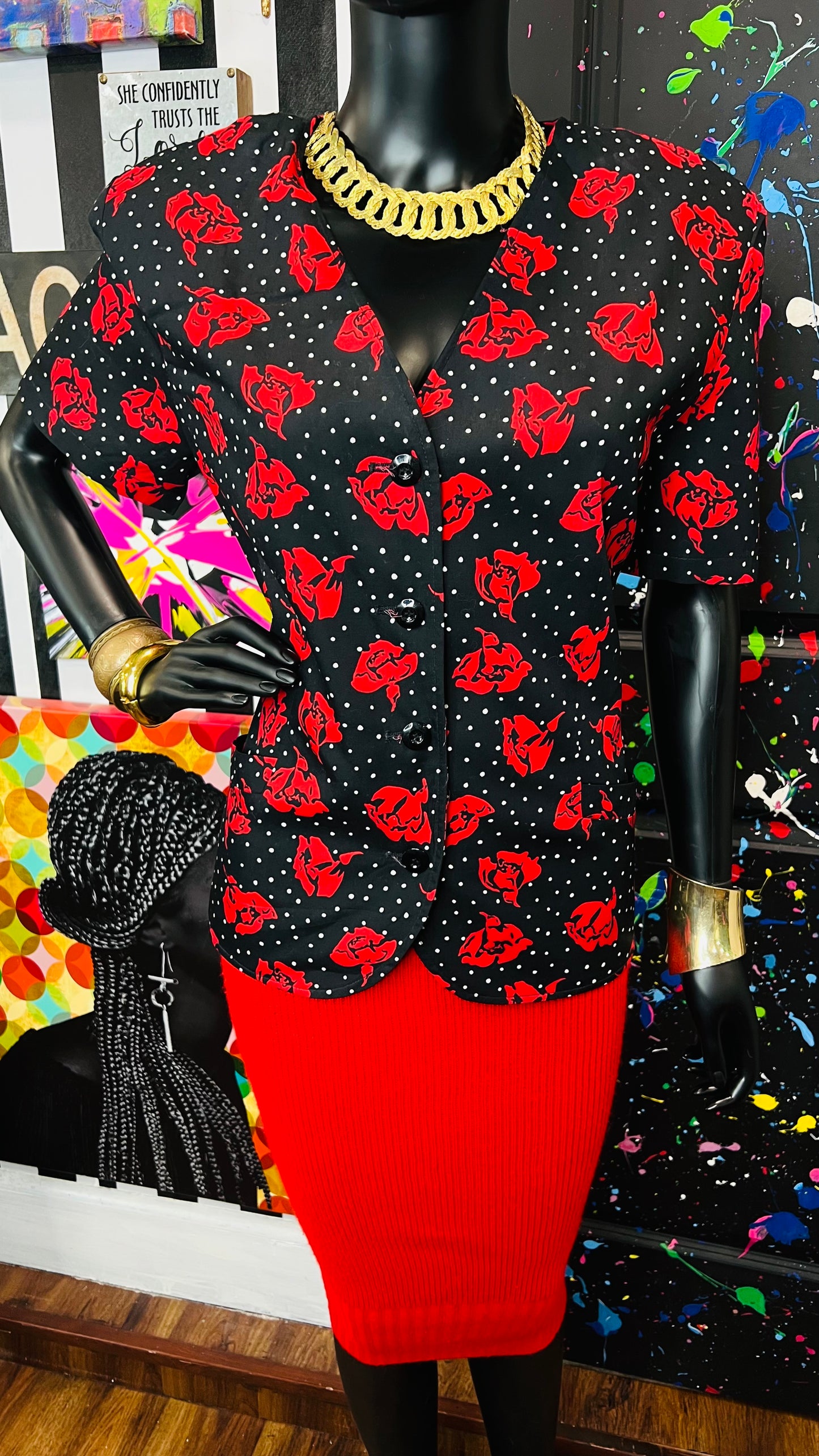 Vintage Polka Dot & Rose Blazer Blouse (12)