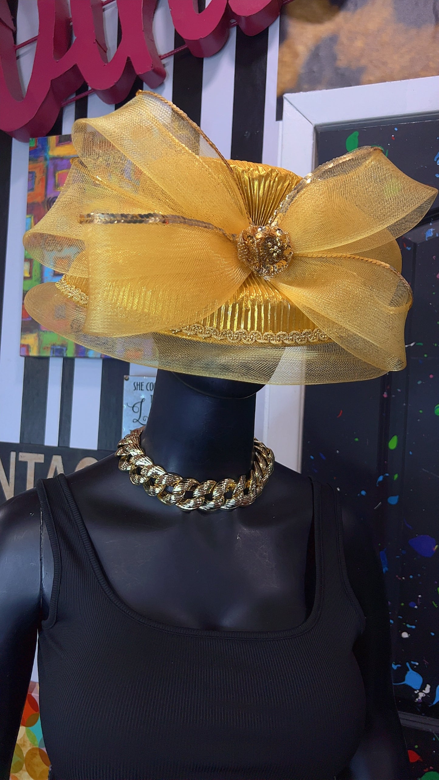 Vintage Straw & Sequin Gold Bow Hat