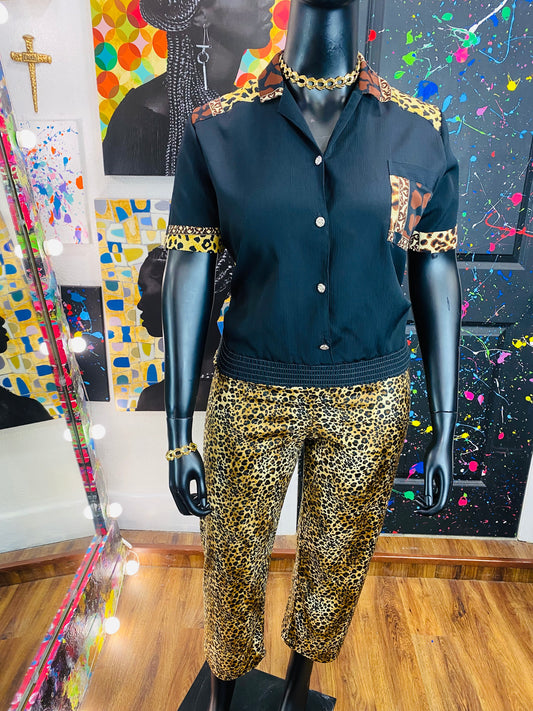 Vintage 2pc Black and Cheetah Print Set