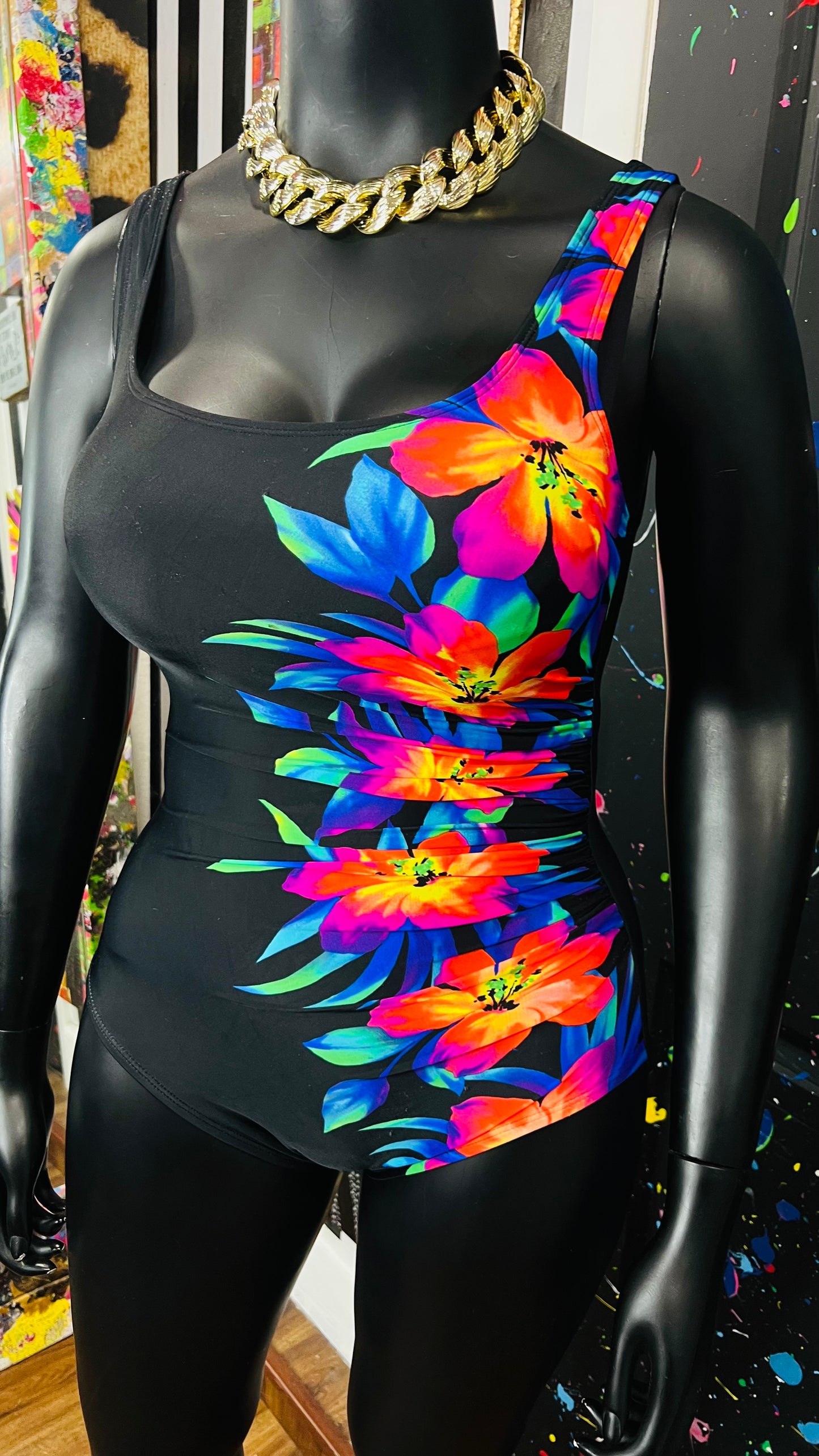 Vintage Floral Neon & Black Swimsuit (12)