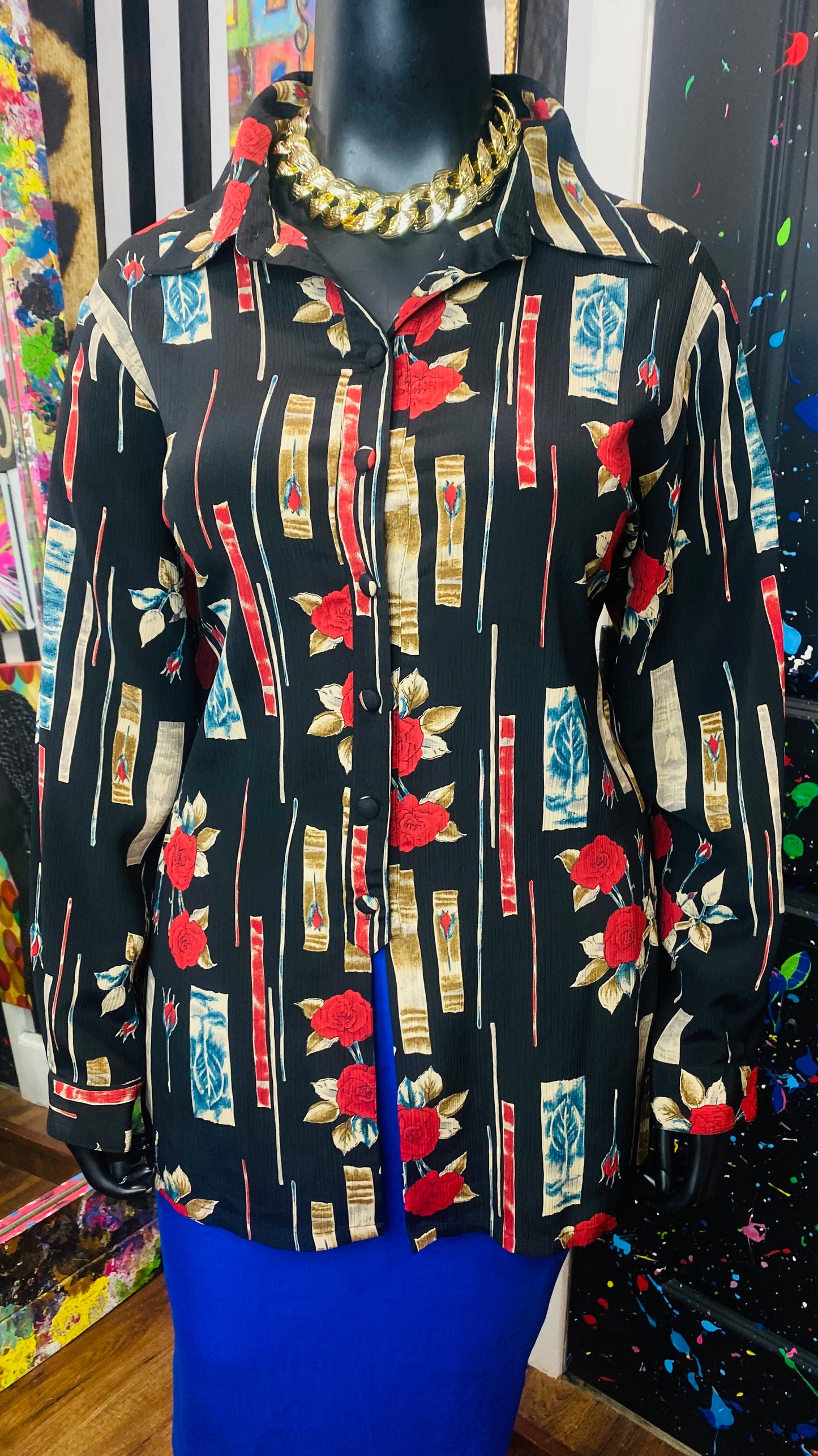Vintage Black Blue & Red Rose Blouse (22)