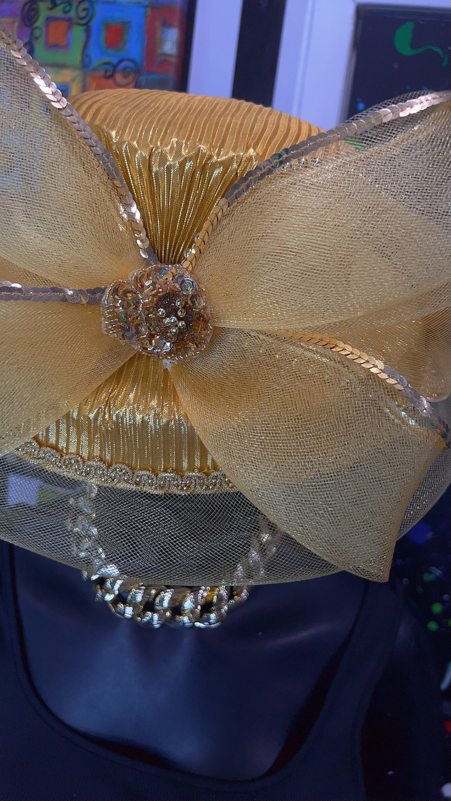 Vintage Straw & Sequin Gold Bow Hat