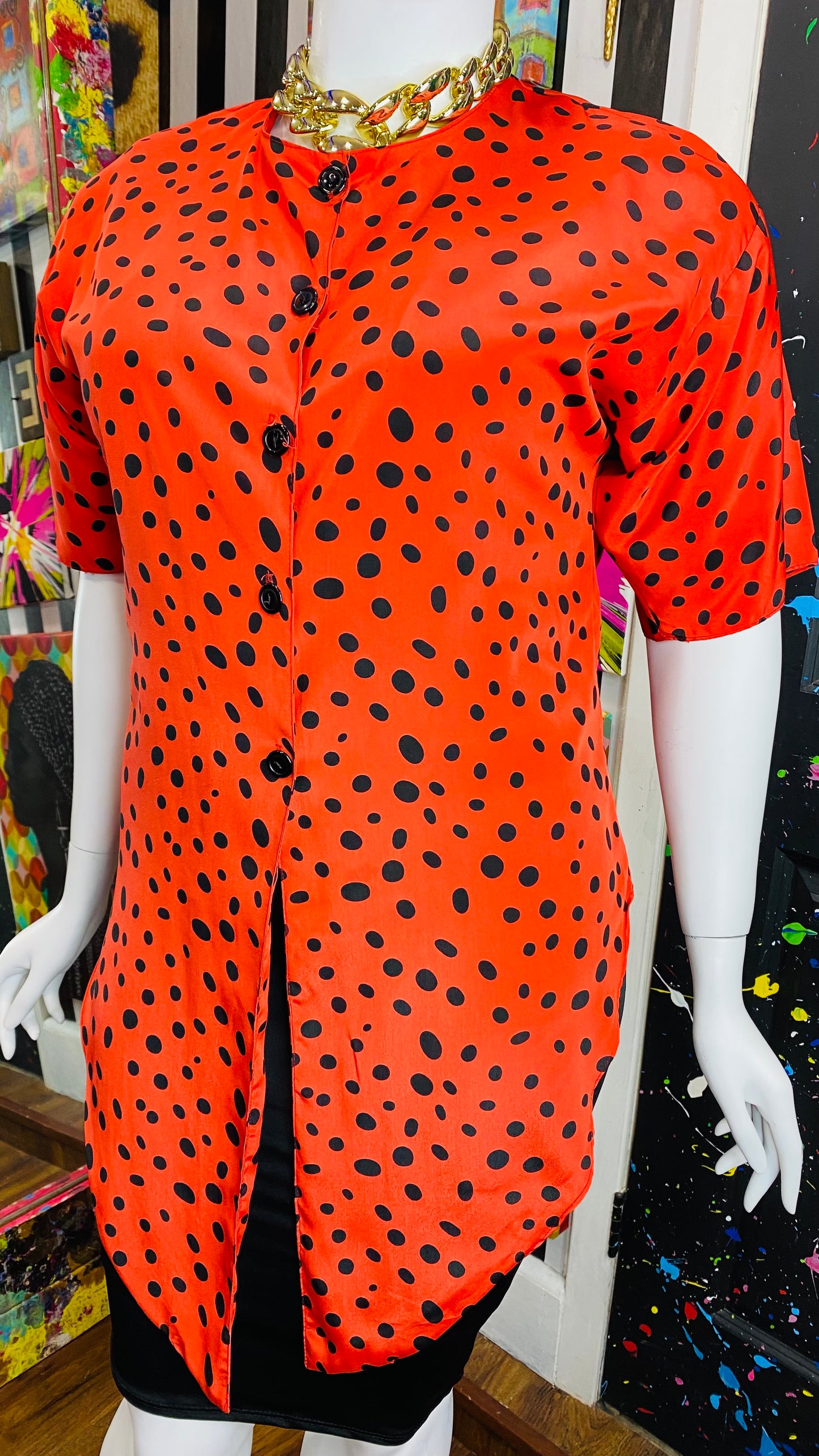 Vintage Tie Front Red & Black Polka Dot Blouse (18)