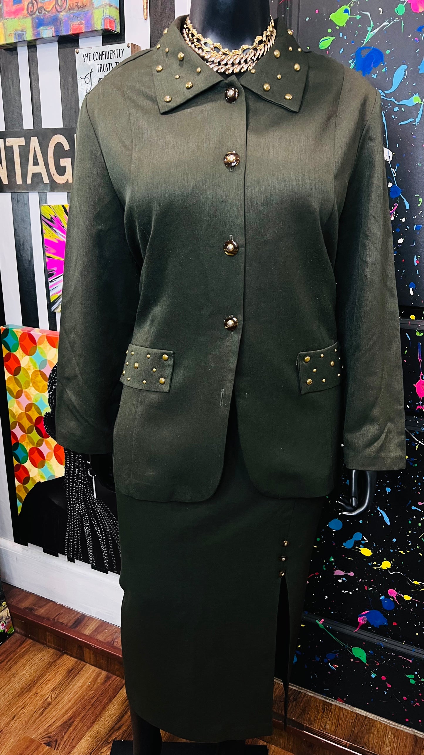 Vintage Army Green Studded Skirt Set (24W)