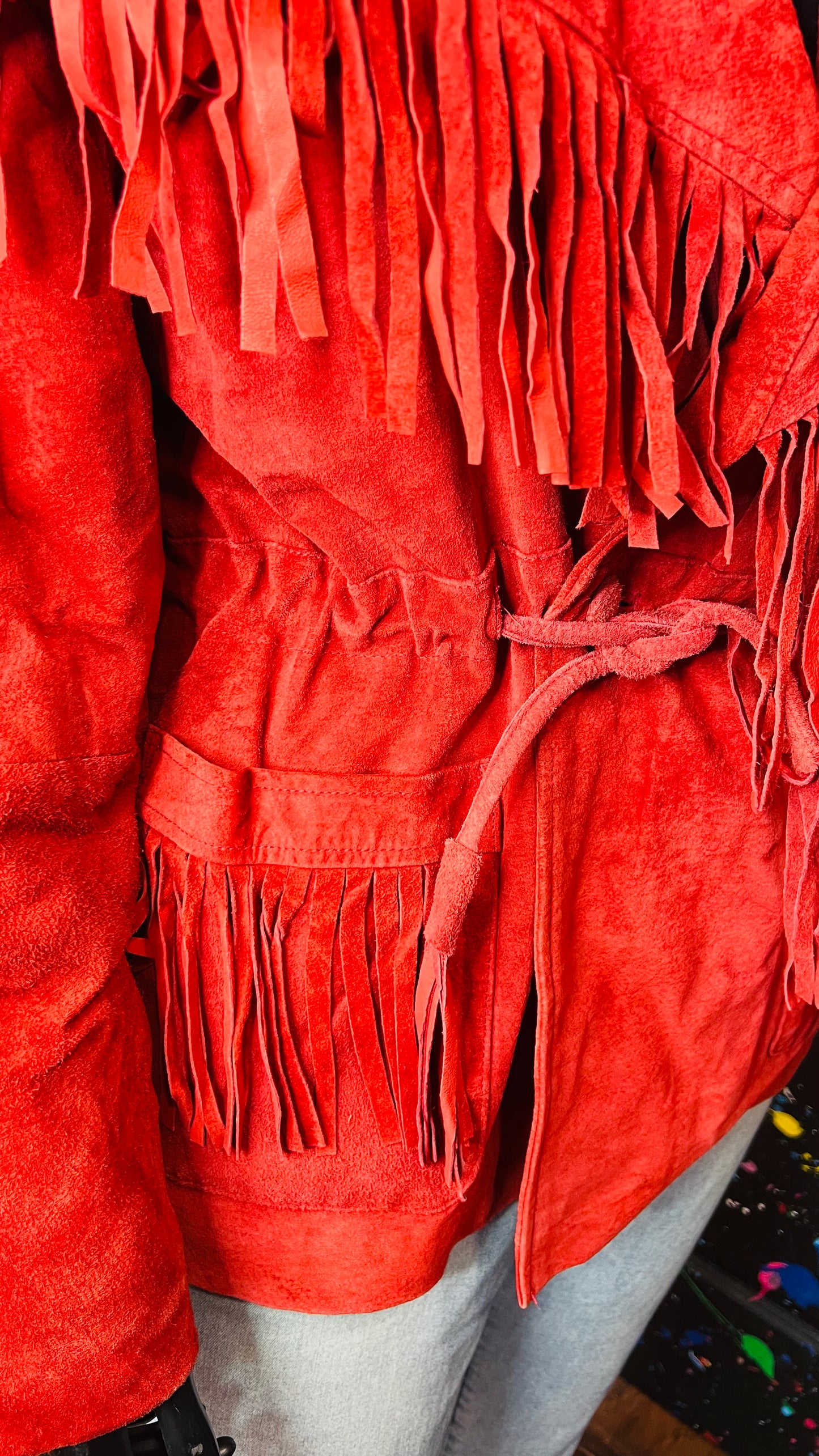 Vintage Red Suede Leather Fringe Coat (18)